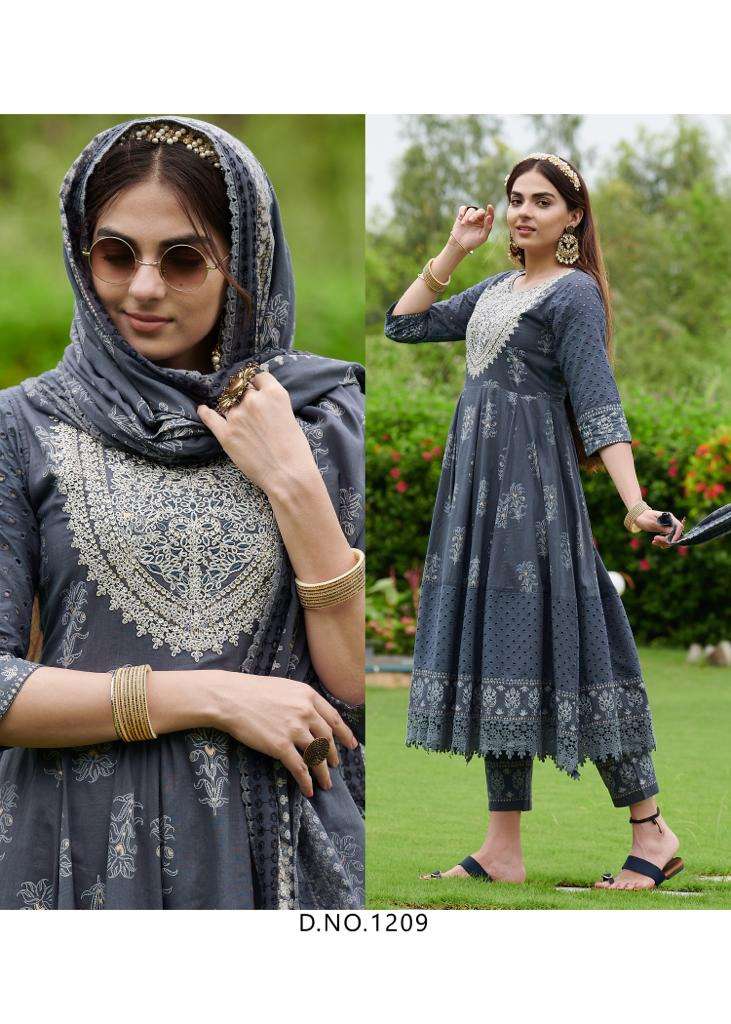 DARK BLUE COLOUR DESIGNER EMBROIDERY WITH  PURE COTTON IN ANARKALI STYLE 