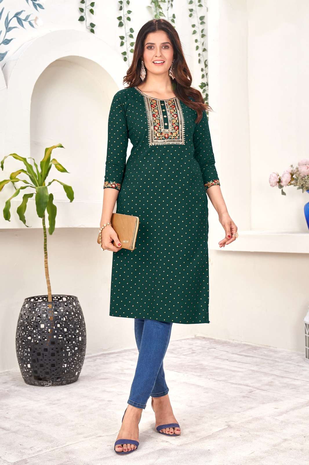 DARK GREEN COLOUR RAYON EMBROIDERY SEQUENCE KURTI 