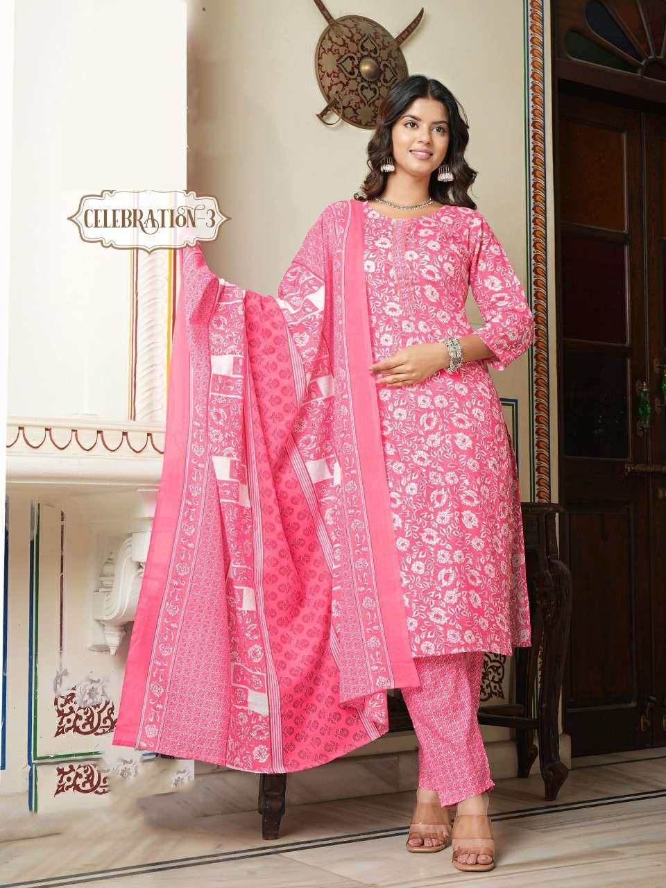 DARK PINK COLOUR 3 PIECE KURTI PANT DUPATTA WITH WHITE PRINTED DESIGN 