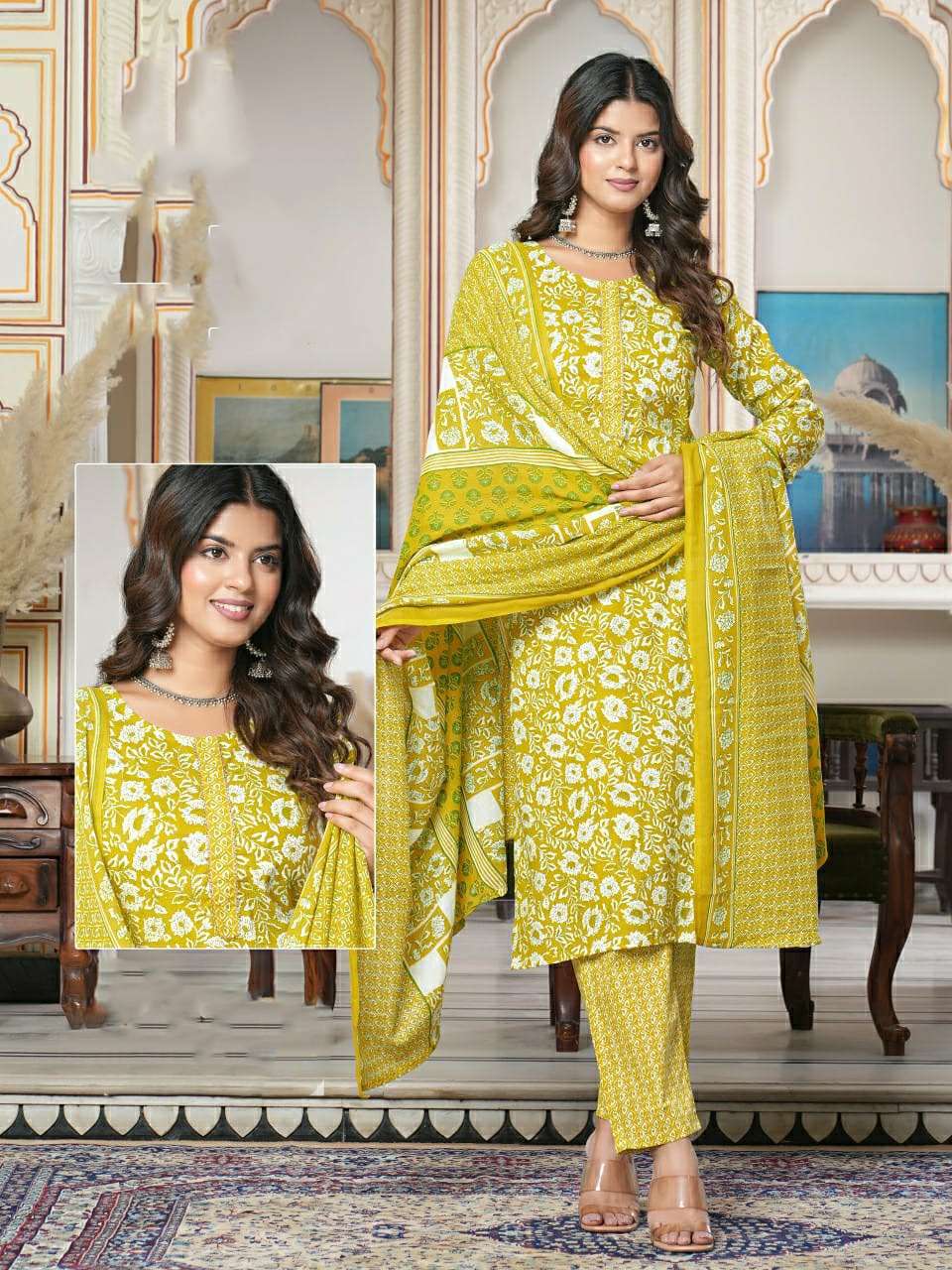 DARK YELLOW COLOUR 3 PIECE KURTI PANT DUPATTA WITH WHITE PRINTED DESIGN 