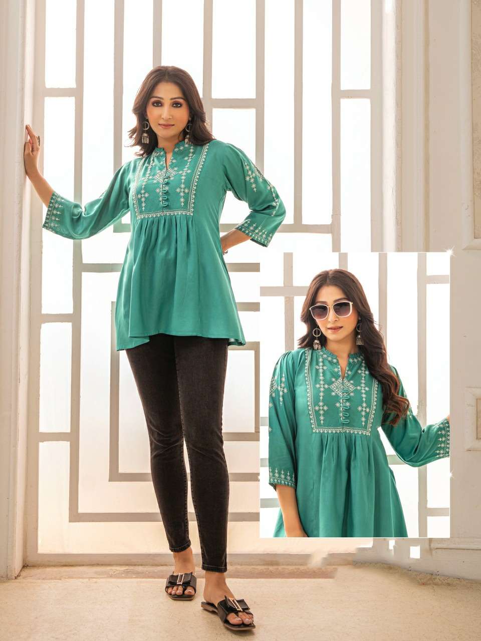 DUSTY TEAL COLOUR RAYON FABRIC WITH WHITE THREAD WORK 