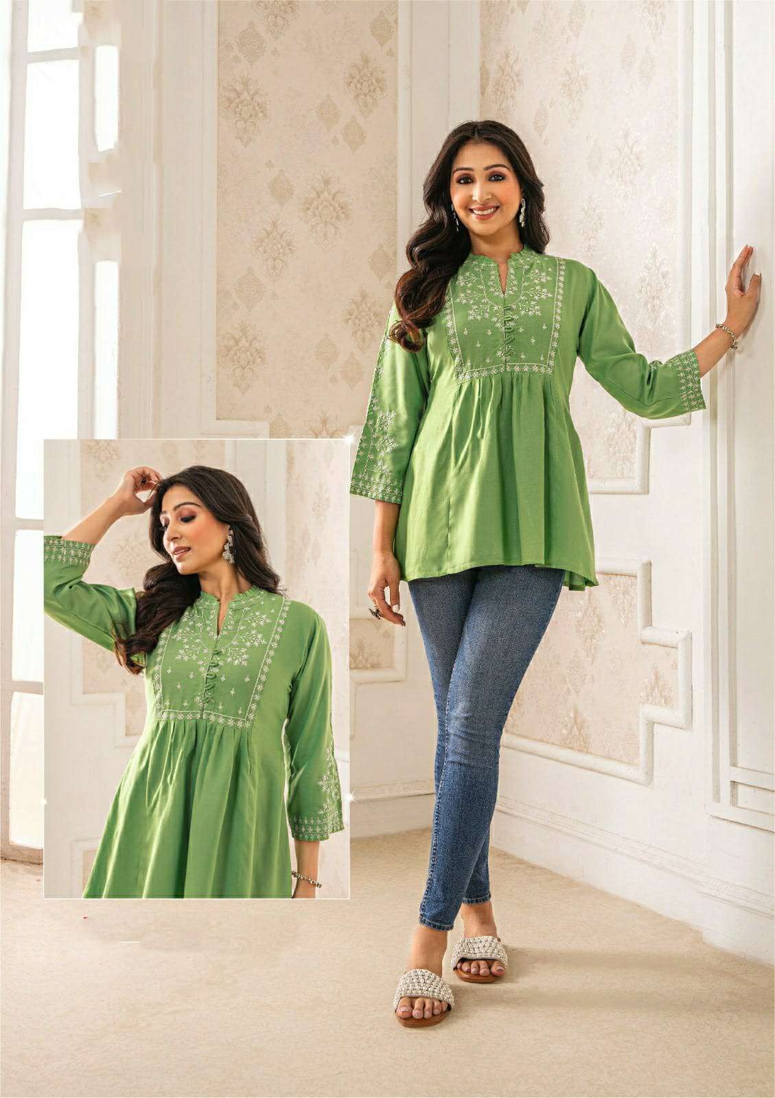 GREEN COLOUR RAYON FABRIC SHORT TUNICS WITH WHITE THREAD WORK 