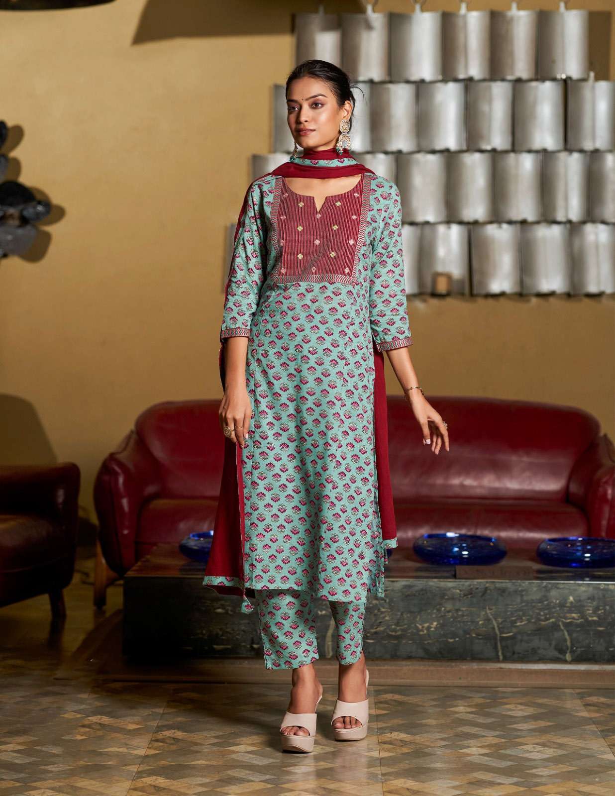 100 MI-03 GL 3 PCS COTTON PRINTED WORK KURTI PANT WITH DUPATTA  