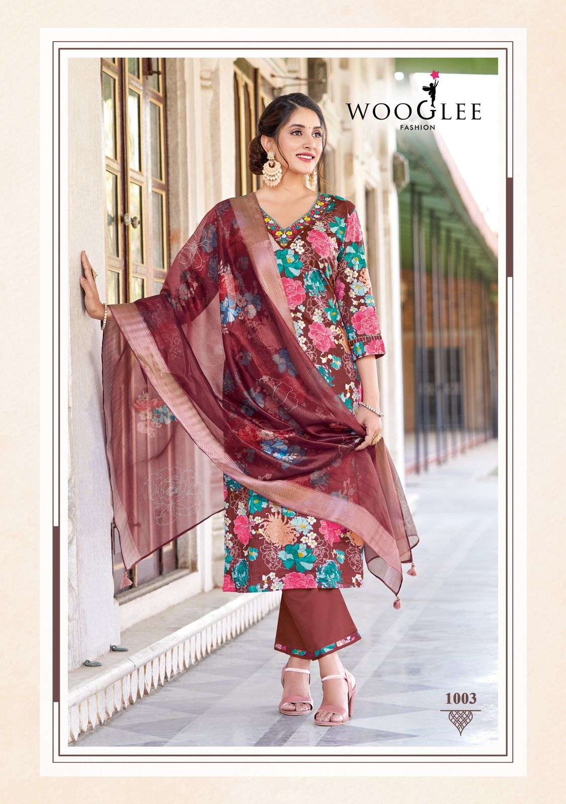 ICONIC PRINTED THREAD WORK KURTI PANT DUPATTA BY WOOGLE