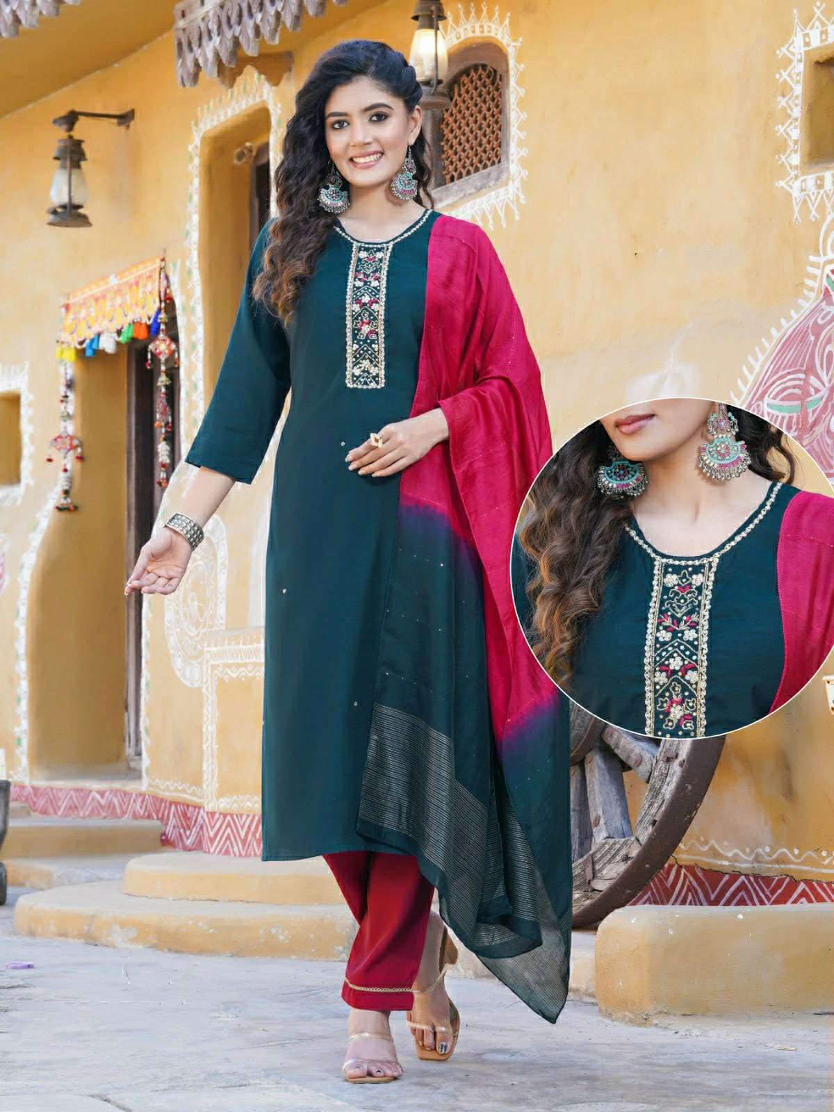 KK -02 VL 3 PIECE SILK KURTI PANT DUPATTA WITH STYLISH HANDWORK 