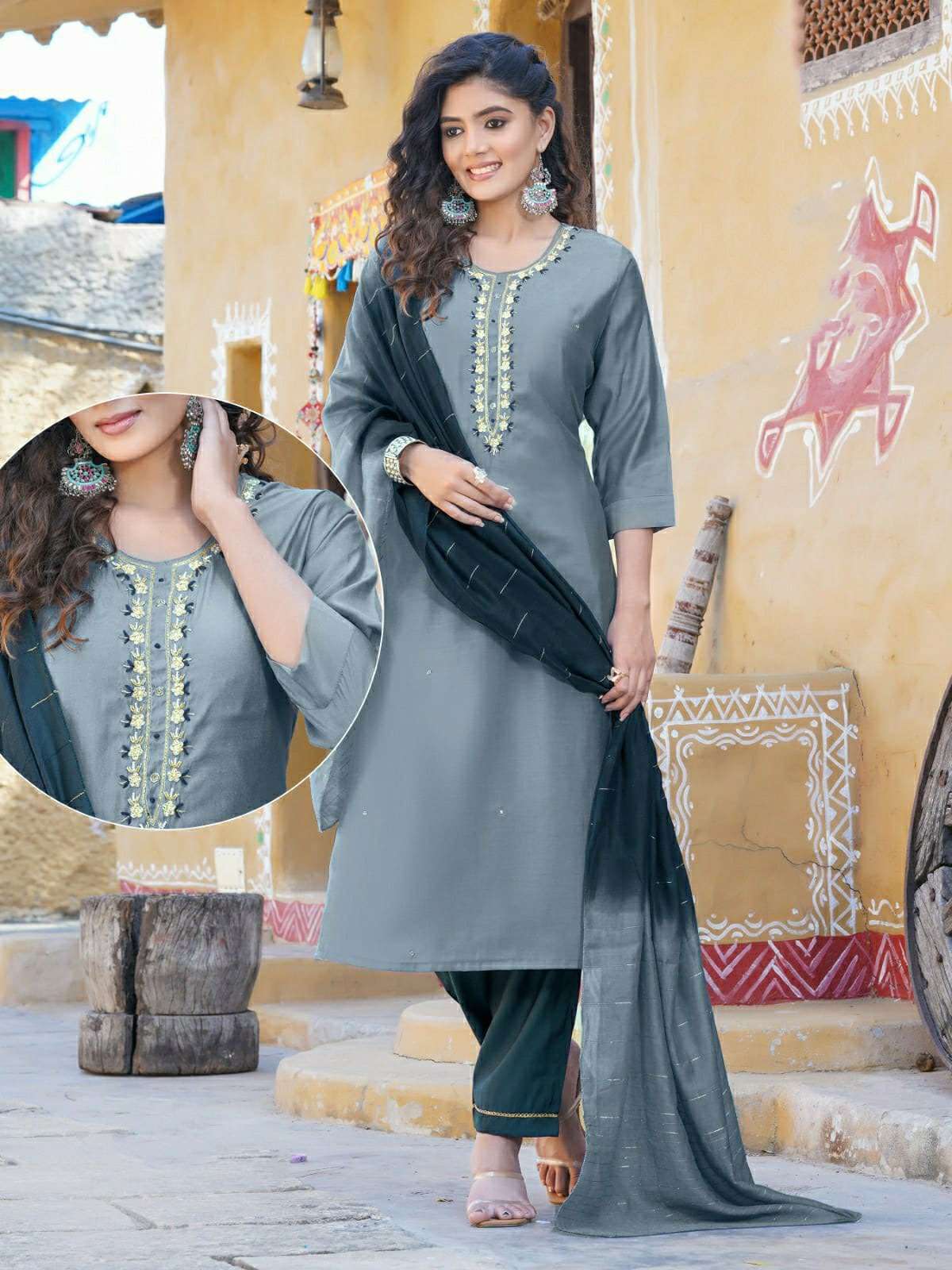 KK -04 VL 3 PIECE SILK KURTI PANT DUPATTA WITH STYLISH HANDWORK 