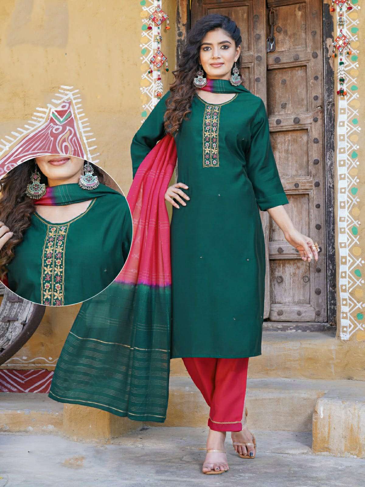 KK -05 VL 3 PIECE SILK KURTI PANT DUPATTA WITH STYLISH HANDWORK 