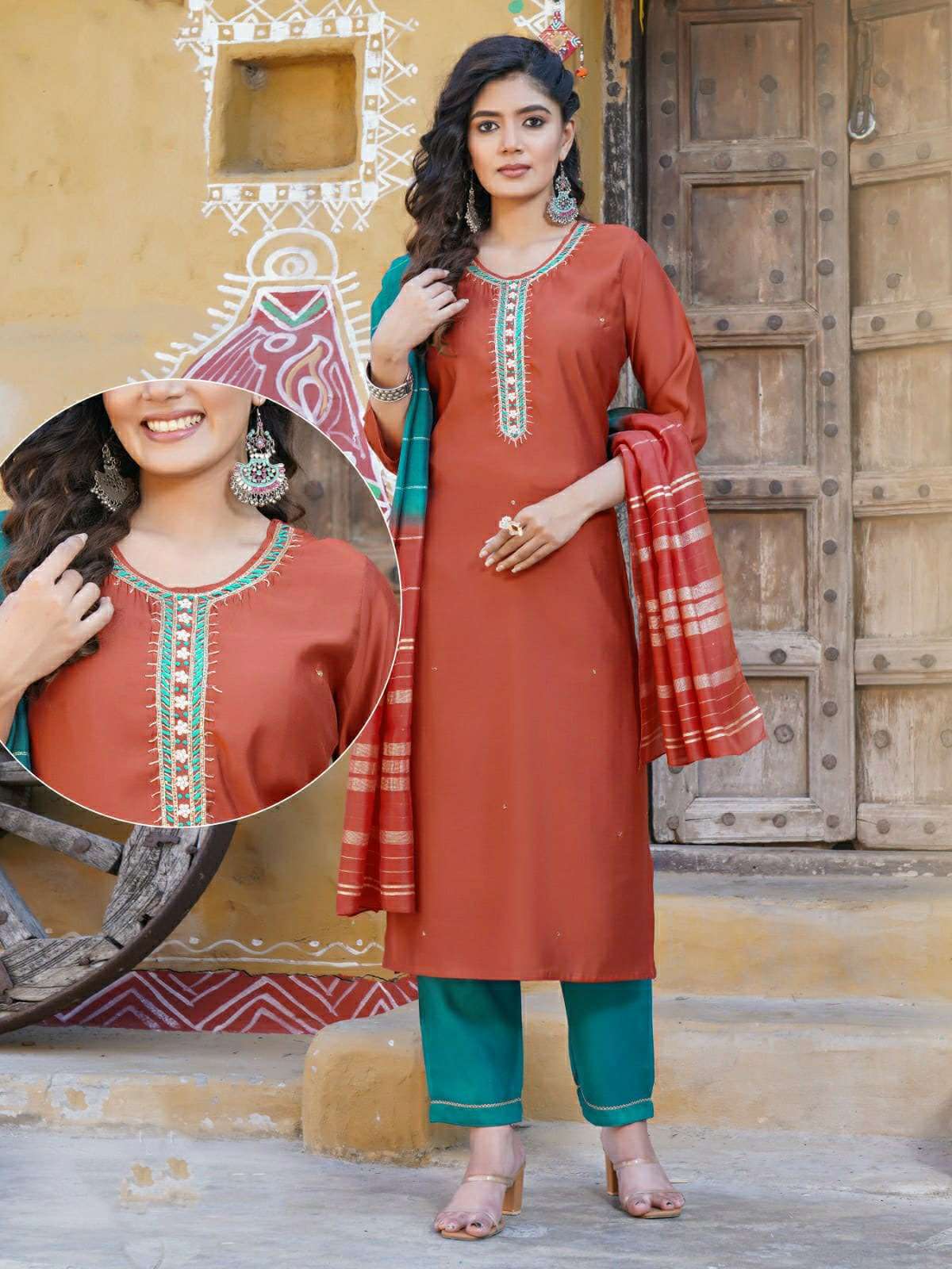 KK -06 VL 3 PIECE SILK KURTI PANT DUPATTA WITH STYLISH HANDWORK 