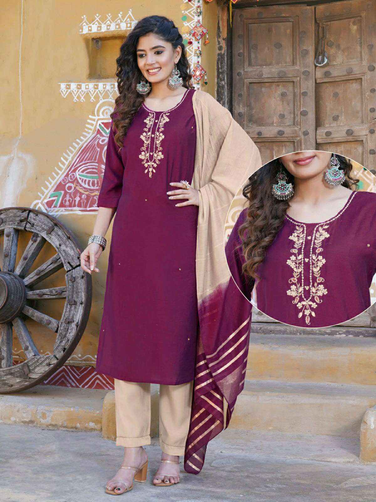 KK -08 VL 3 PIECE SILK KURTI PANT DUPATTA WITH STYLISH HANDWORK 