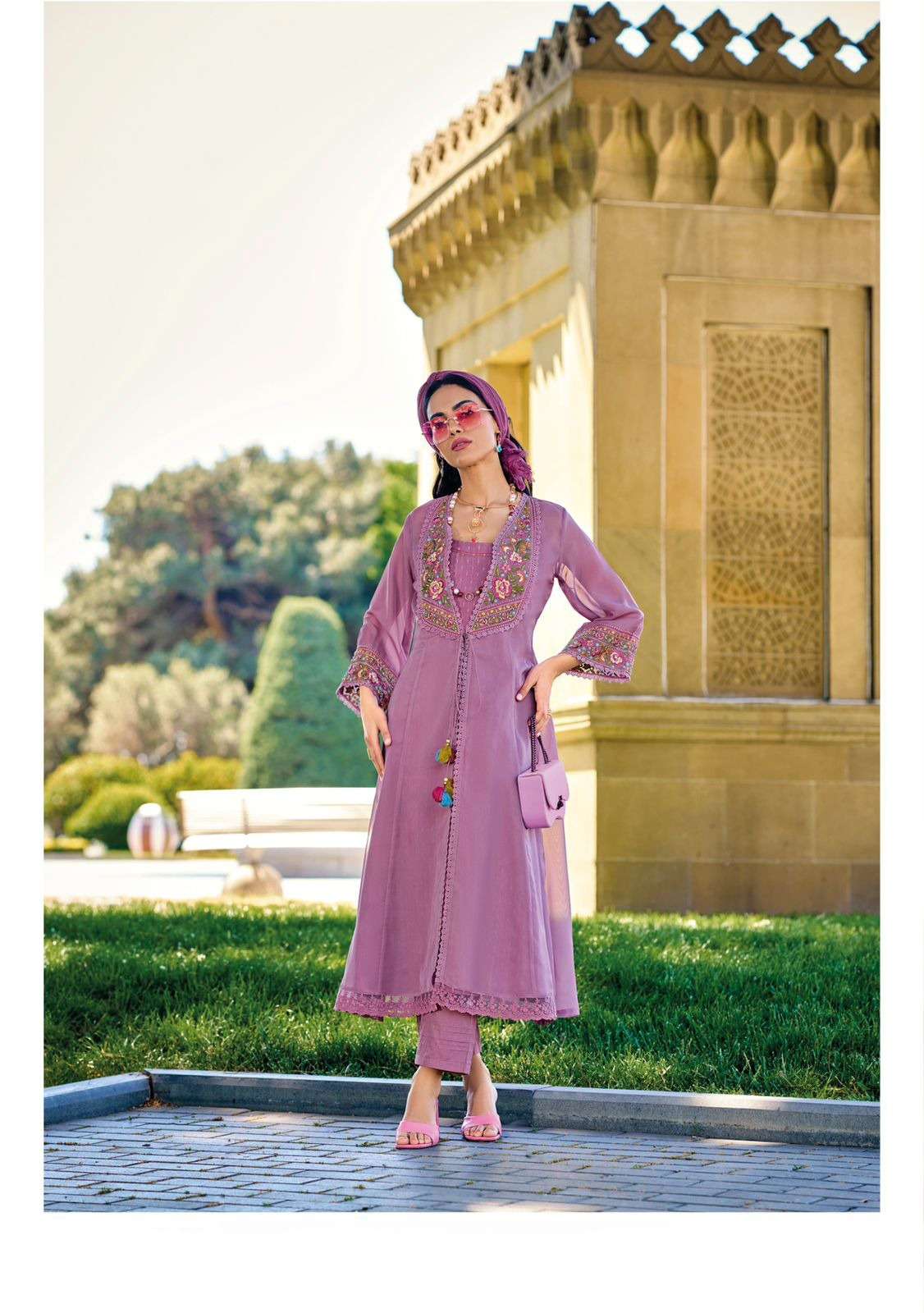 KL-42683 FL PURE VICOSE ORGANZA THREE PIECE KURTI PANT WITH JACKET STYLE FESTIVE WEAR COLLECTION 