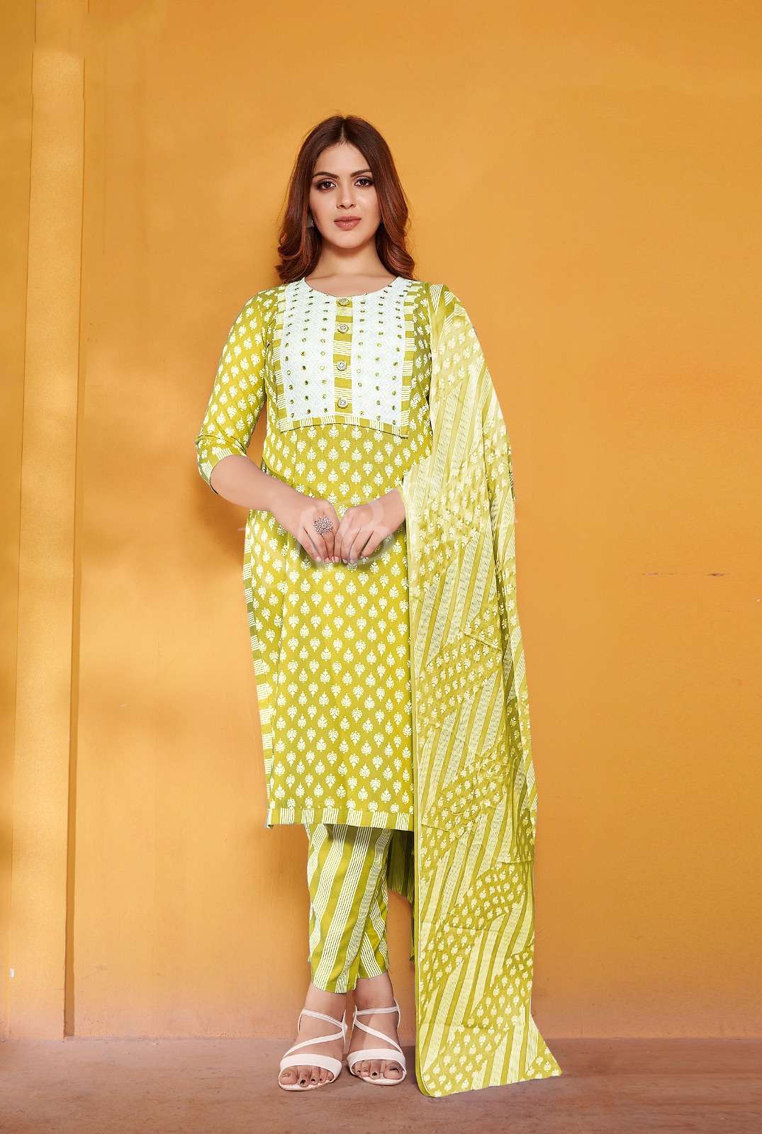 LIGHT GREEN COLOUR KURTI PANT DUPATTA WITH PRINTED RAYON NECK DESIGN & MIRROR WORK 