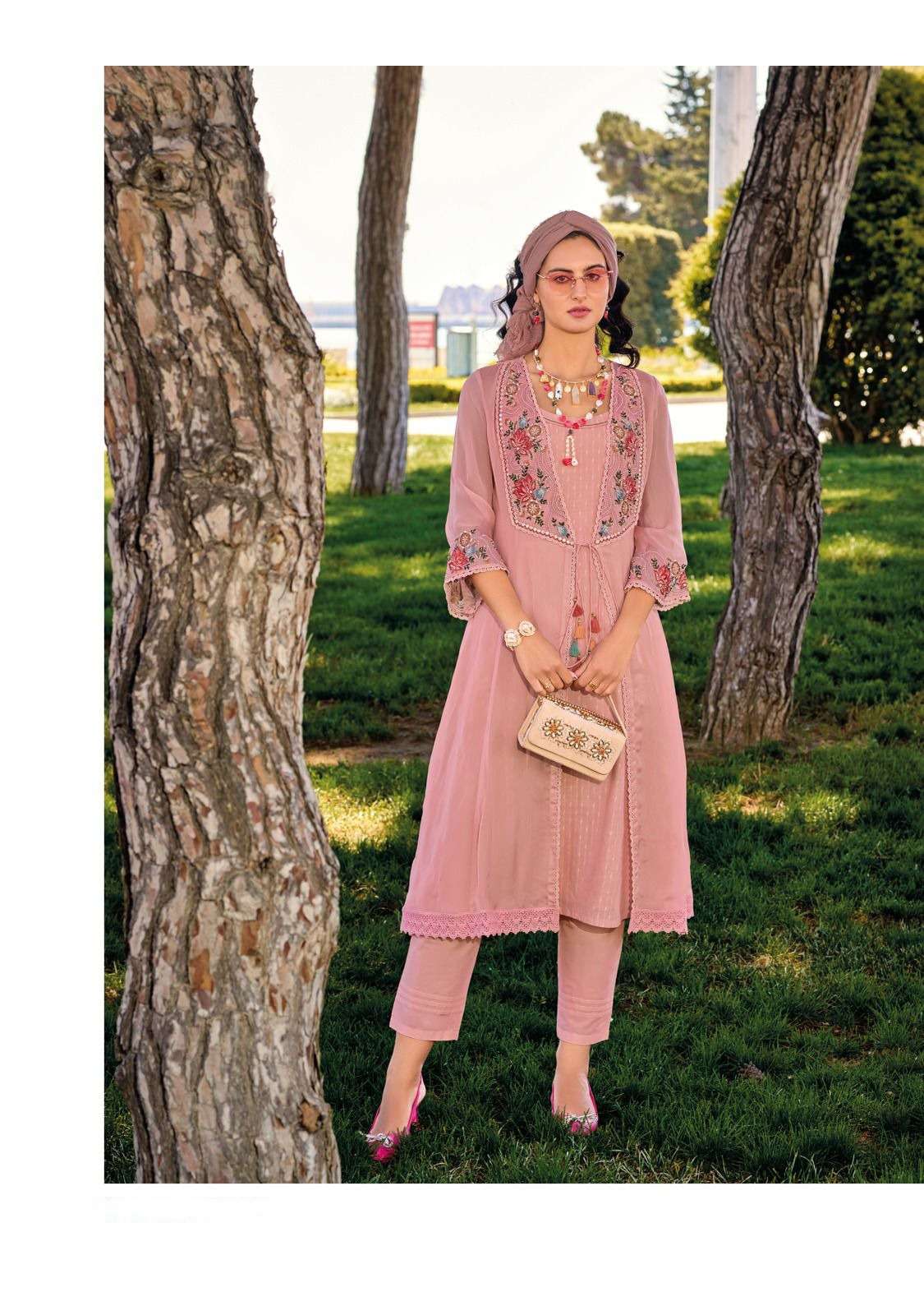 KL-42685 FL PURE VICOSE ORGANZA THREE PIECE KURTI PANT WITH JACKET STYLE FESTIVE WEAR COLLECTION 