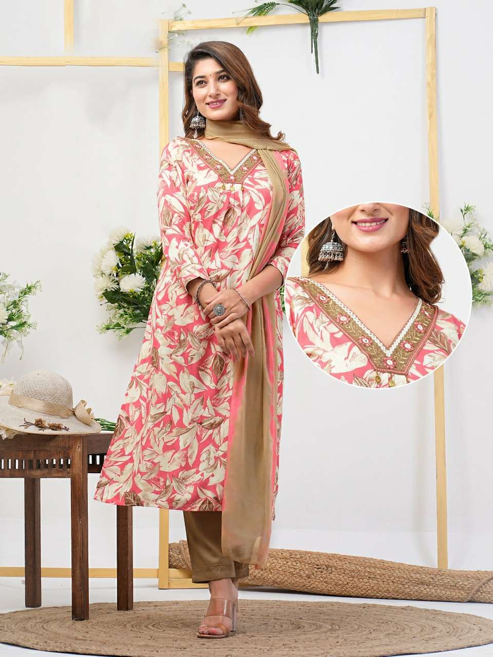 LIGHT PINK COLOUR PRINTED RAYON STRAIGHT CUT KURTI PANT DUPATTA