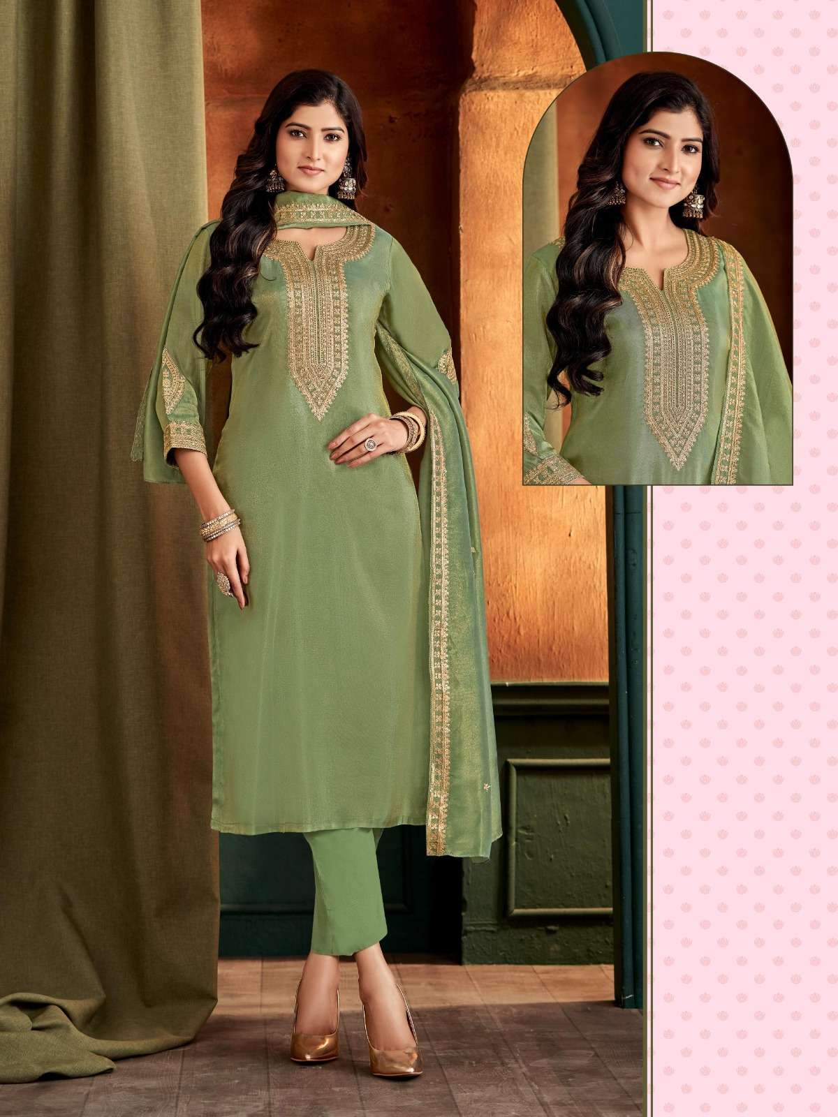 LIGHT GREEN COLOUR PURE GOLD HEAVY EMBROIDERY SEQUENCE WORK IN KURTI STYLE