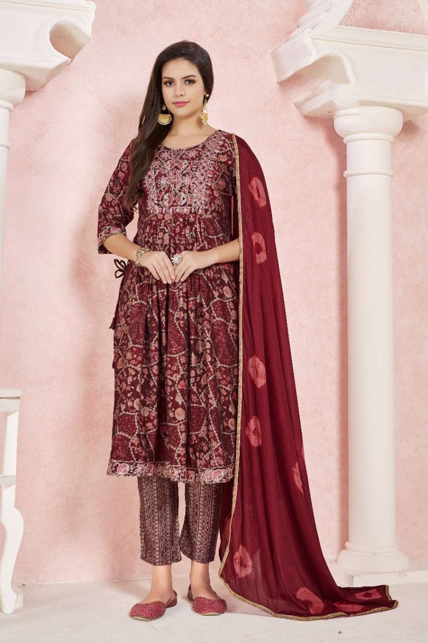 MAROON COLOUR EMBROIDERY WORK WITH NAYRA PATTERN KURTI PANT DUPATTA 