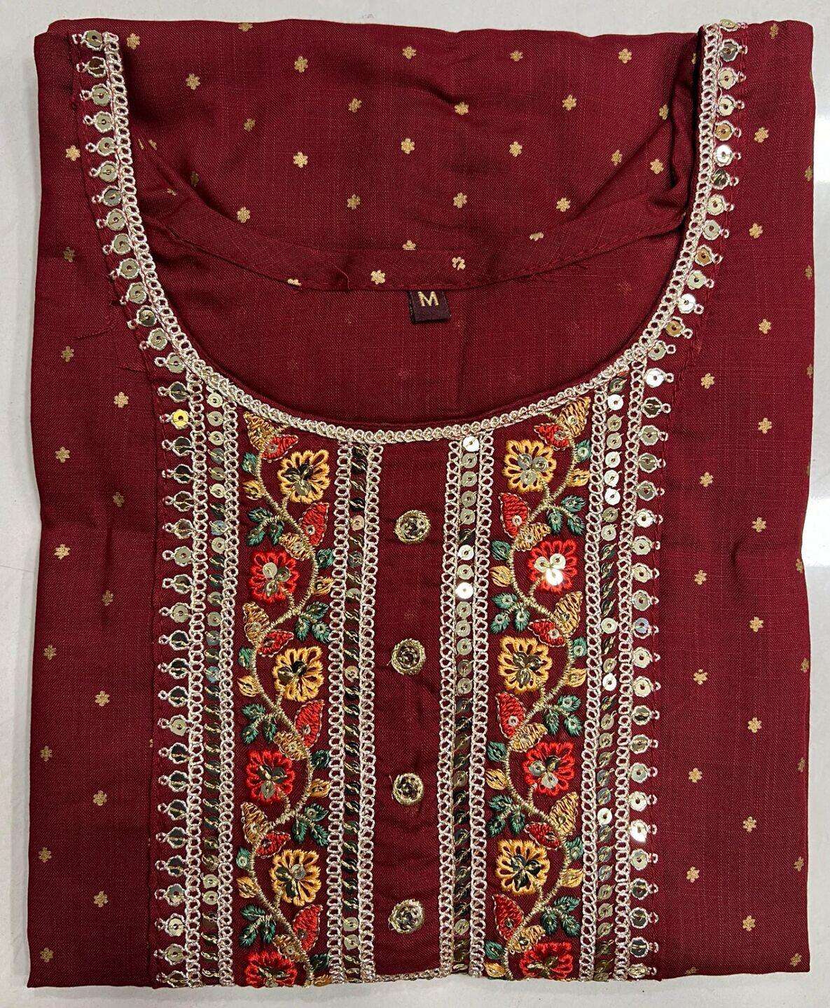 MAROON RED COLOUR RAYON EMBROIDERY SEQUENCE KURTI 