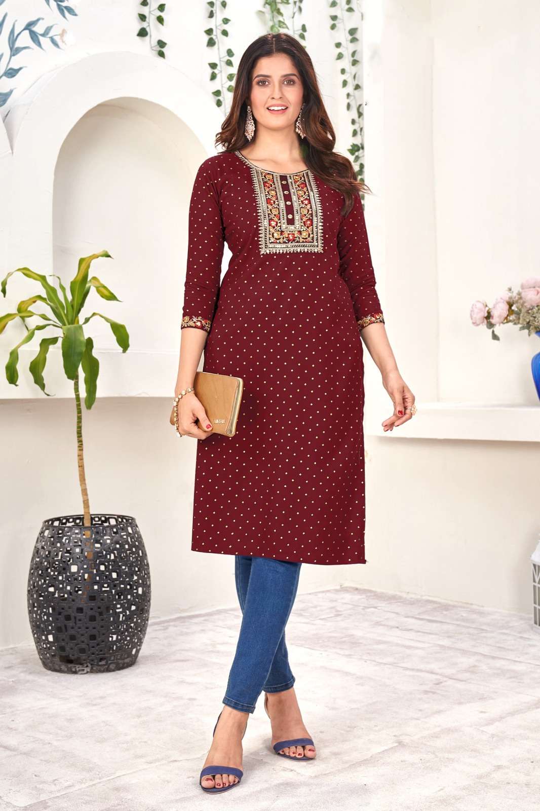 MAROON RED COLOUR RAYON EMBROIDERY SEQUENCE KURTI 