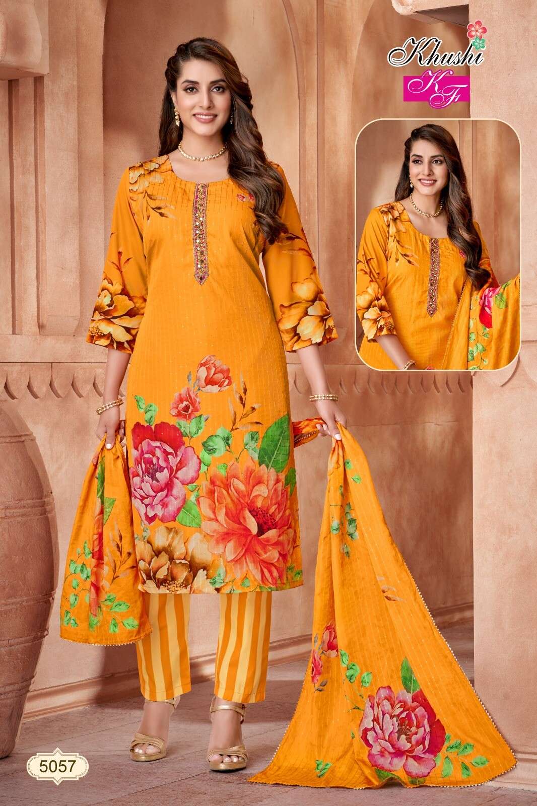 MUSLIN DIGITAL PRINT KURTI PANT DUPATTA SET BY KHUSHI FASHION 