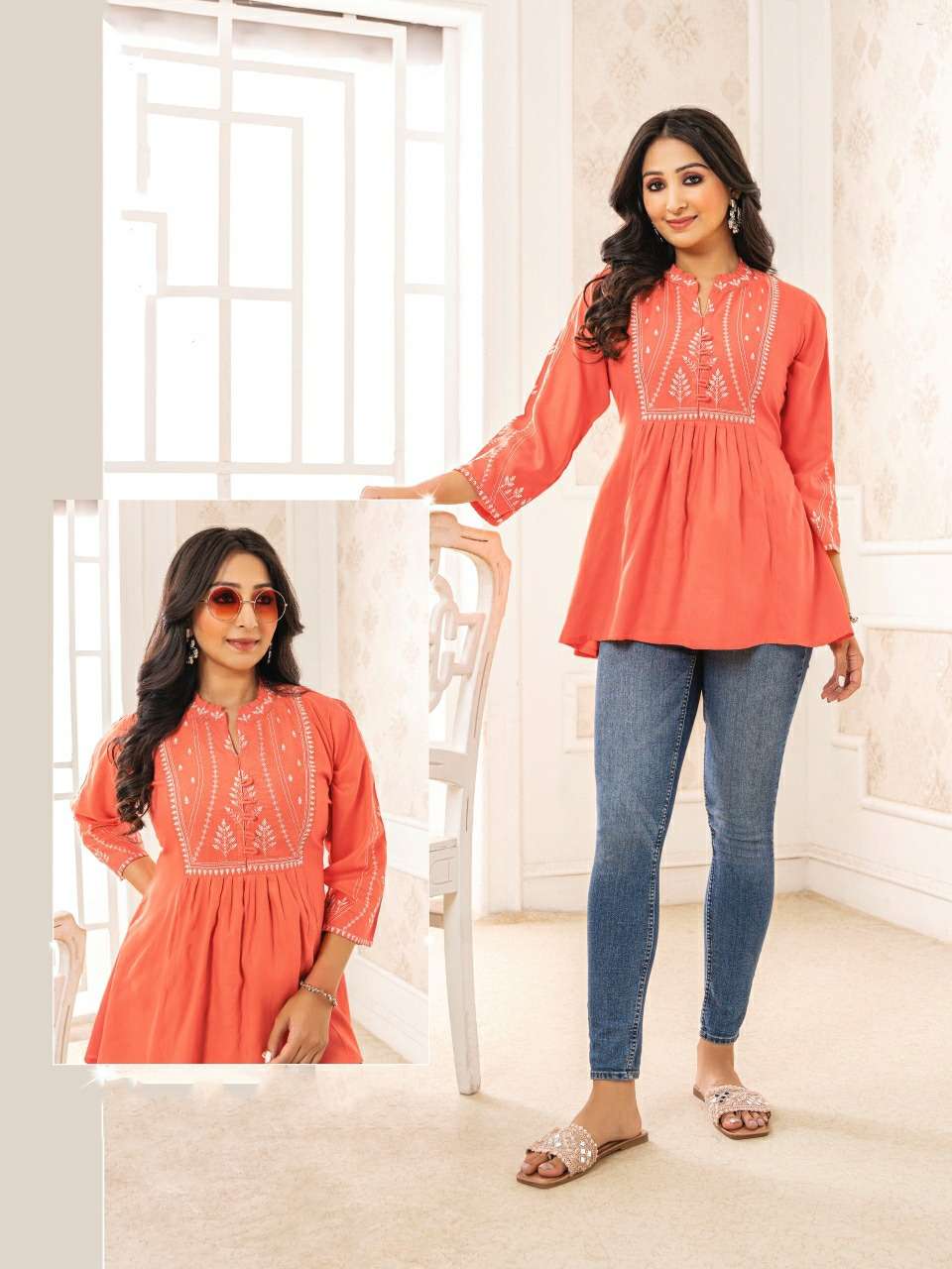 ORANGE COLOUR RAYON FABRIC WITH WHITE THREAD WORK 