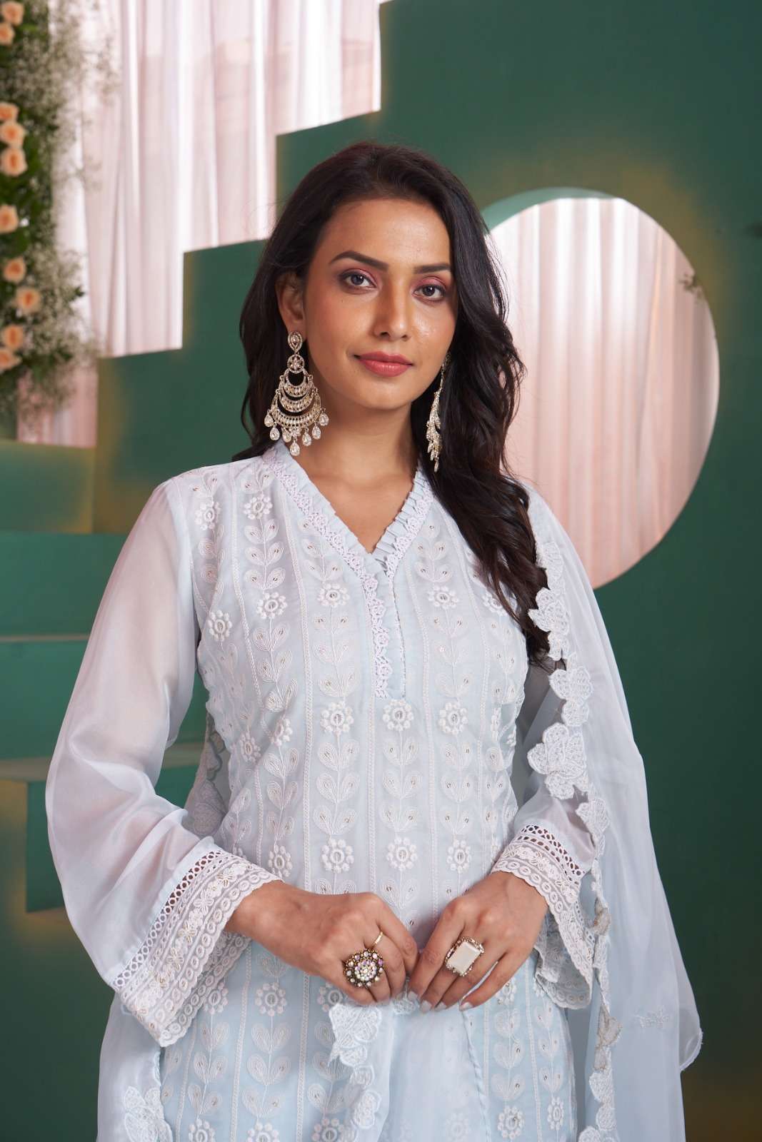 ORGANZA COTTON LINING SCHIFFLI KURTI PANT DUPATTA SET BY TEXOFAB 