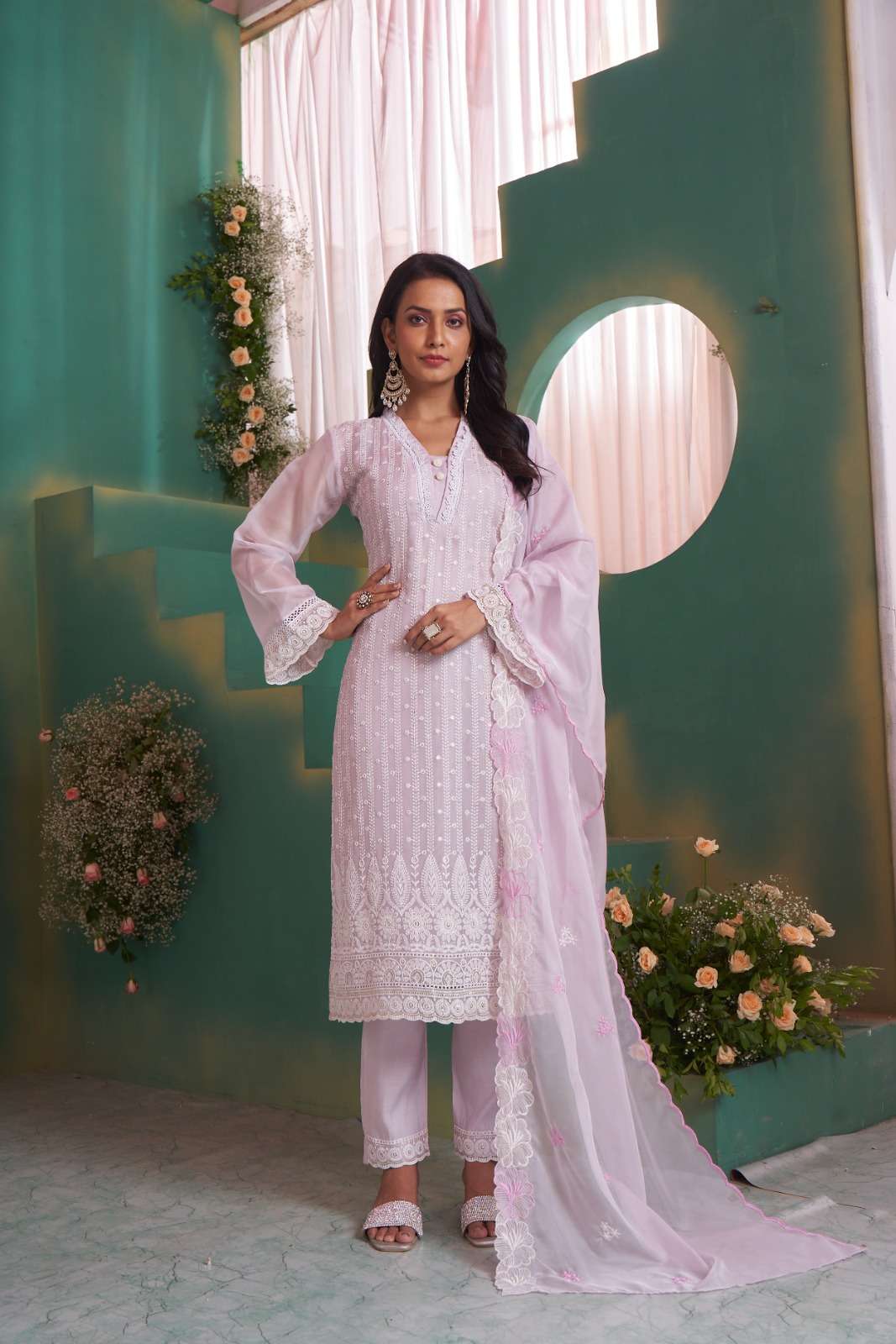 ORGANZA COTTON LINING SCHIFFLI KURTI PANT DUPATTA SET BY TEXOFAB 