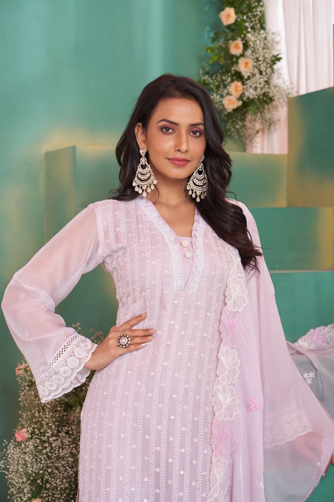 ORGANZA COTTON LINING SCHIFFLI KURTI PANT DUPATTA SET BY TEXOFAB 