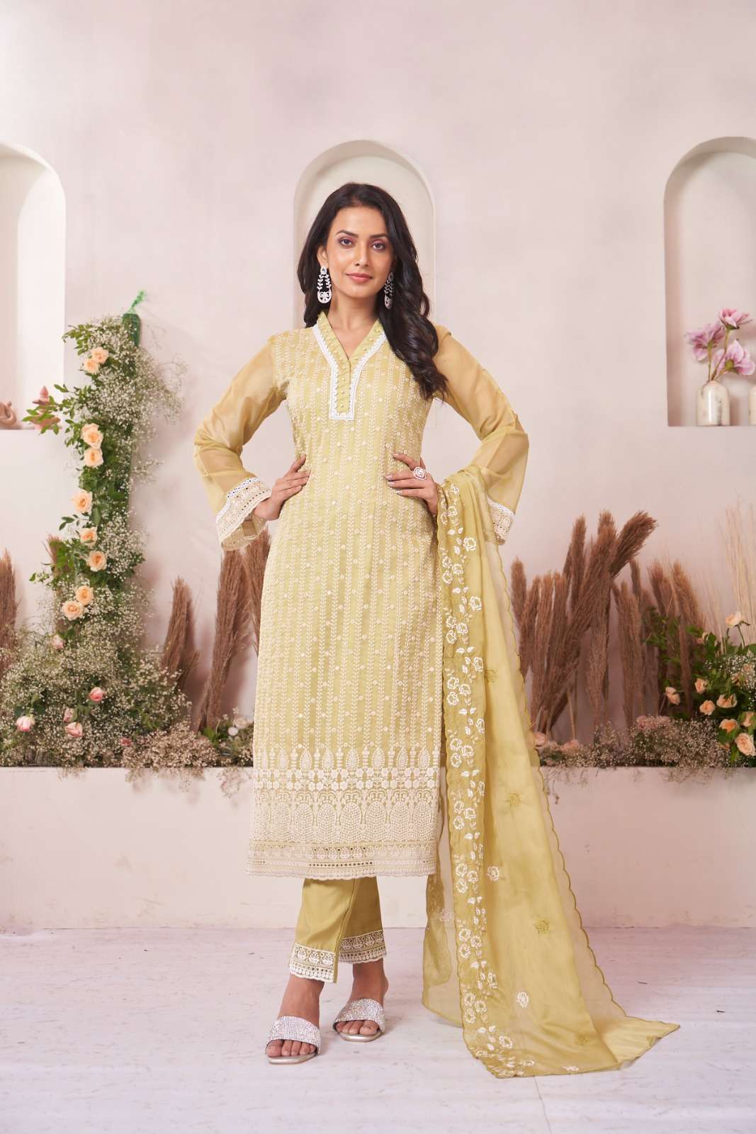 ORGANZA COTTON LINING SCHIFFLI KURTI PANT DUPATTA SET BY TEXOFAB 