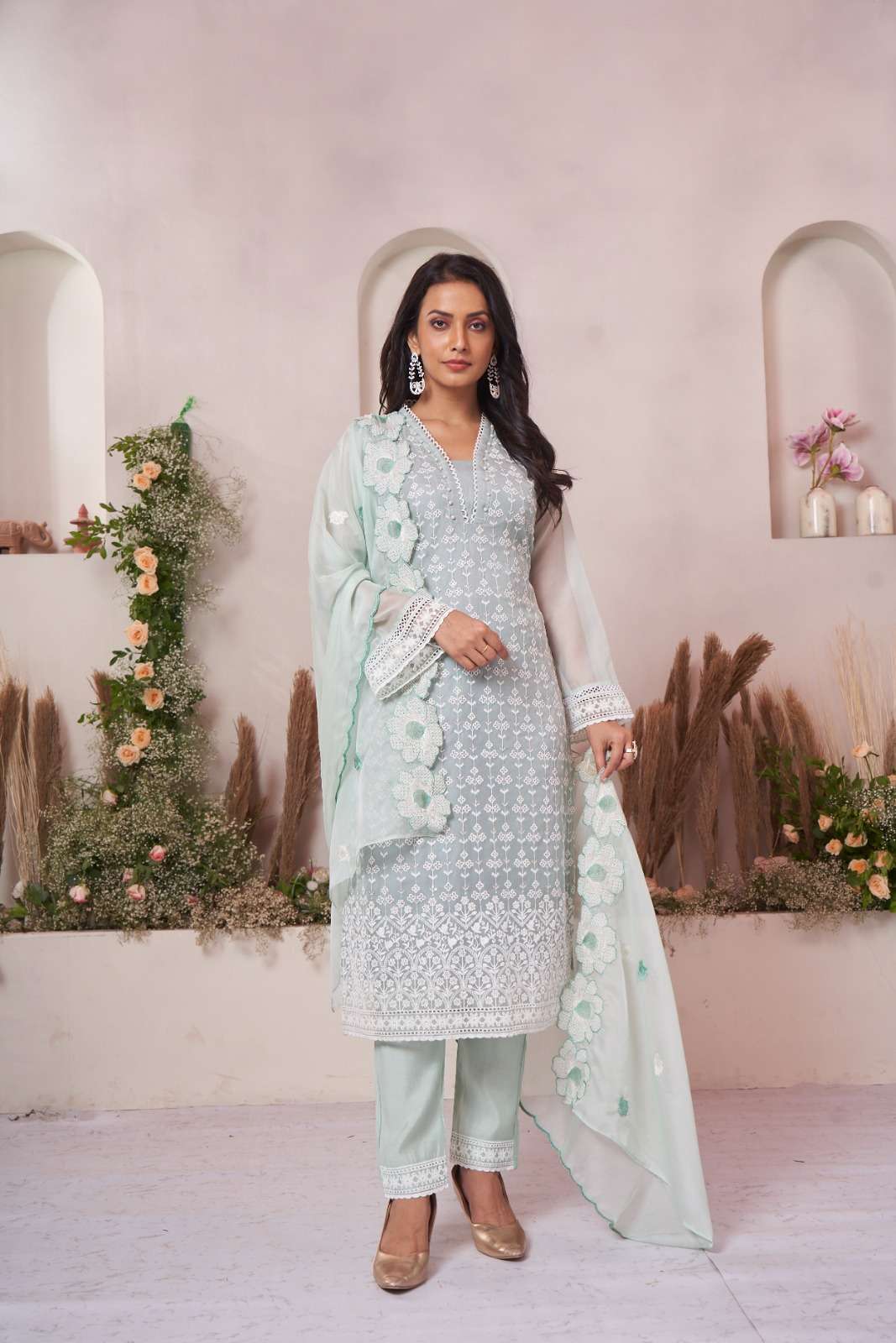 ORGANZA COTTON LINING SCHIFFLI KURTI PANT DUPATTA SET BY TEXOFAB 