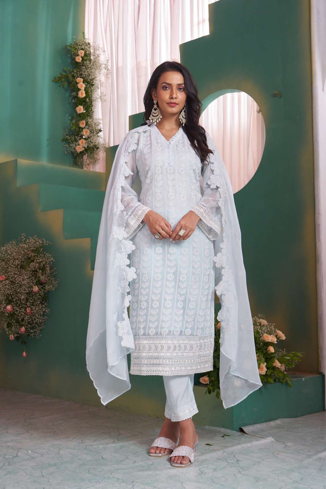 ORGANZA COTTON LINING SCHIFFLI KURTI PANT DUPATTA SET BY TEXOFAB 