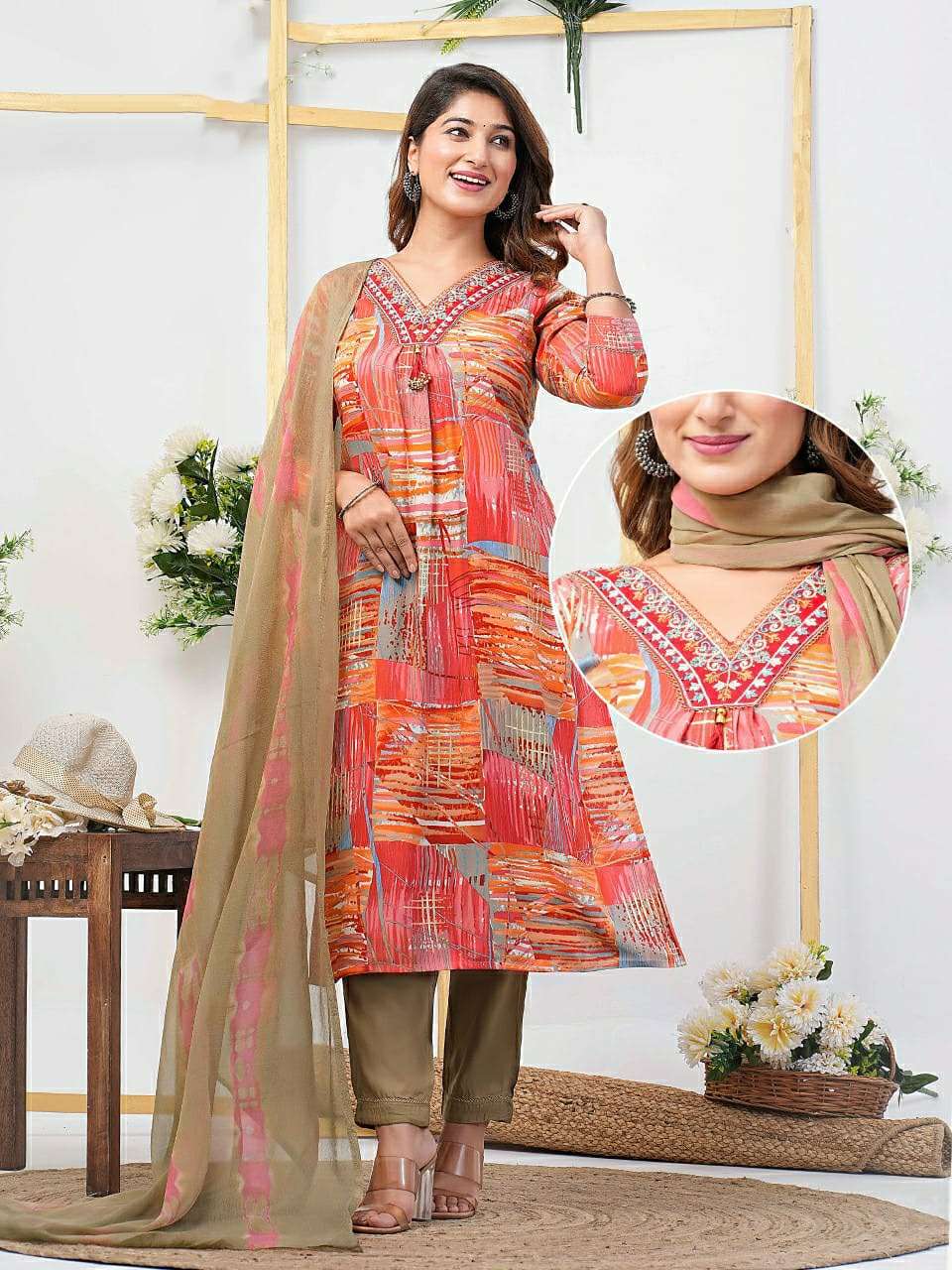 PASTEL RED COLOUR PRINTED RAYON STRAIGHT CUT KURTI PANT DUPATTA