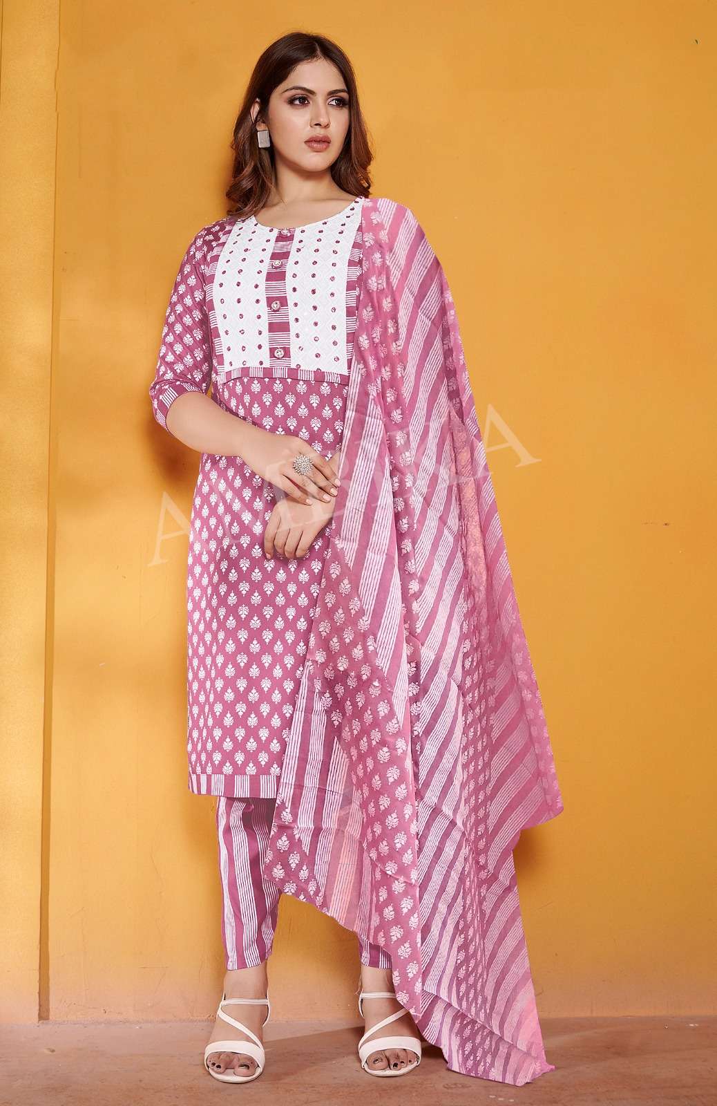 PINK COLOUR KURTI PANT DUPATTA WITH PRINTED RAYON NECK DESIGN & MIRROR WORK 