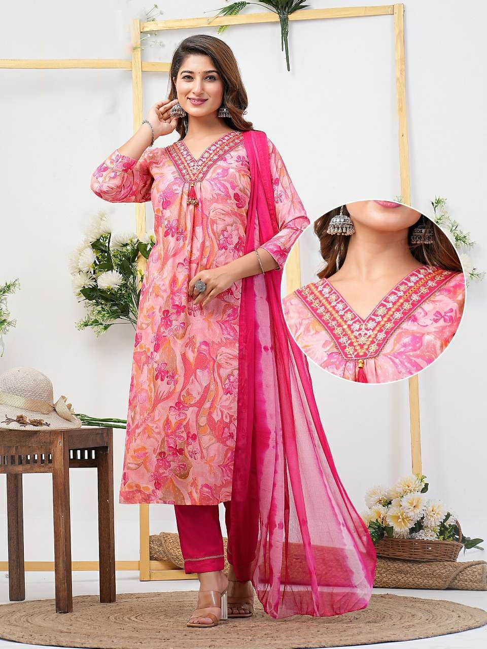 PINK COLOUR PRINTED RAYON STRAIGHT CUT KURTI PANT DUPATTA