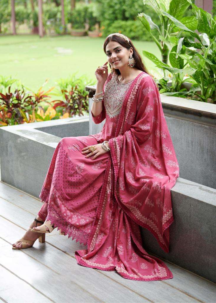 PINK COLOUR DESIGNER EMBROIDERY WITH  PURE COTTON IN ANARKALI STYLE 