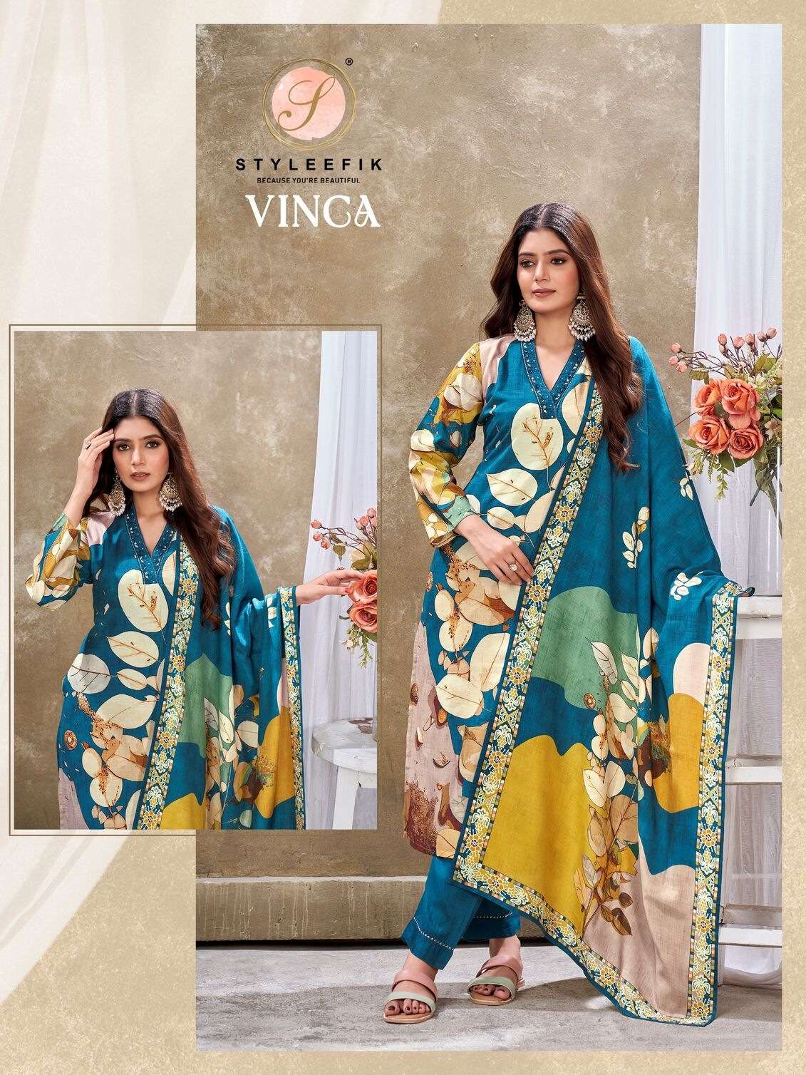 PURE MUSLIN COMBO STYLE 3 PCS KURTI PANT DUPATTA BY STYLEFIK 