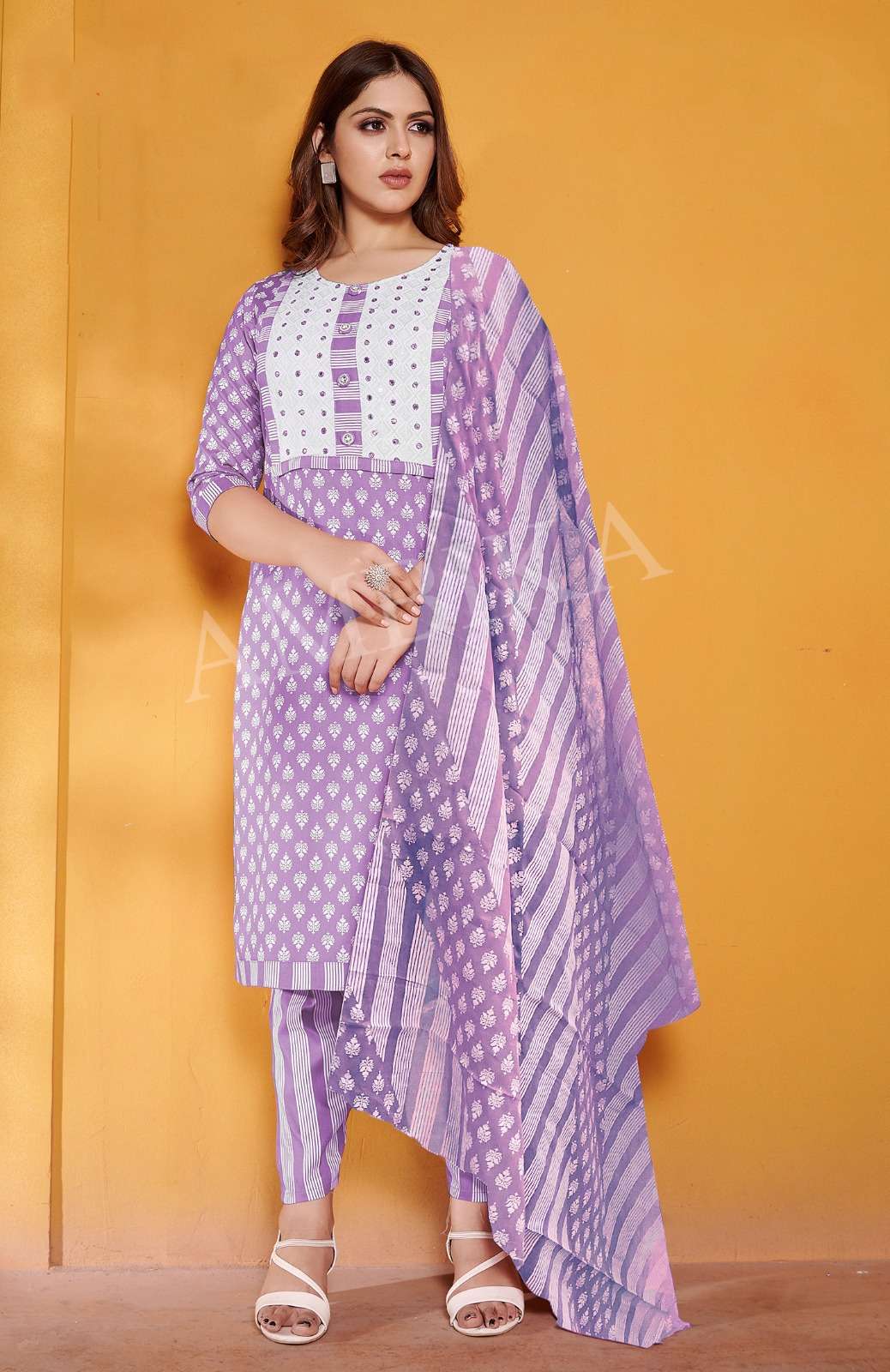 PURPLE COLOUR KURTI PANT DUPATTA WITH PRINTED RAYON NECK DESIGN & MIRROR WORK 