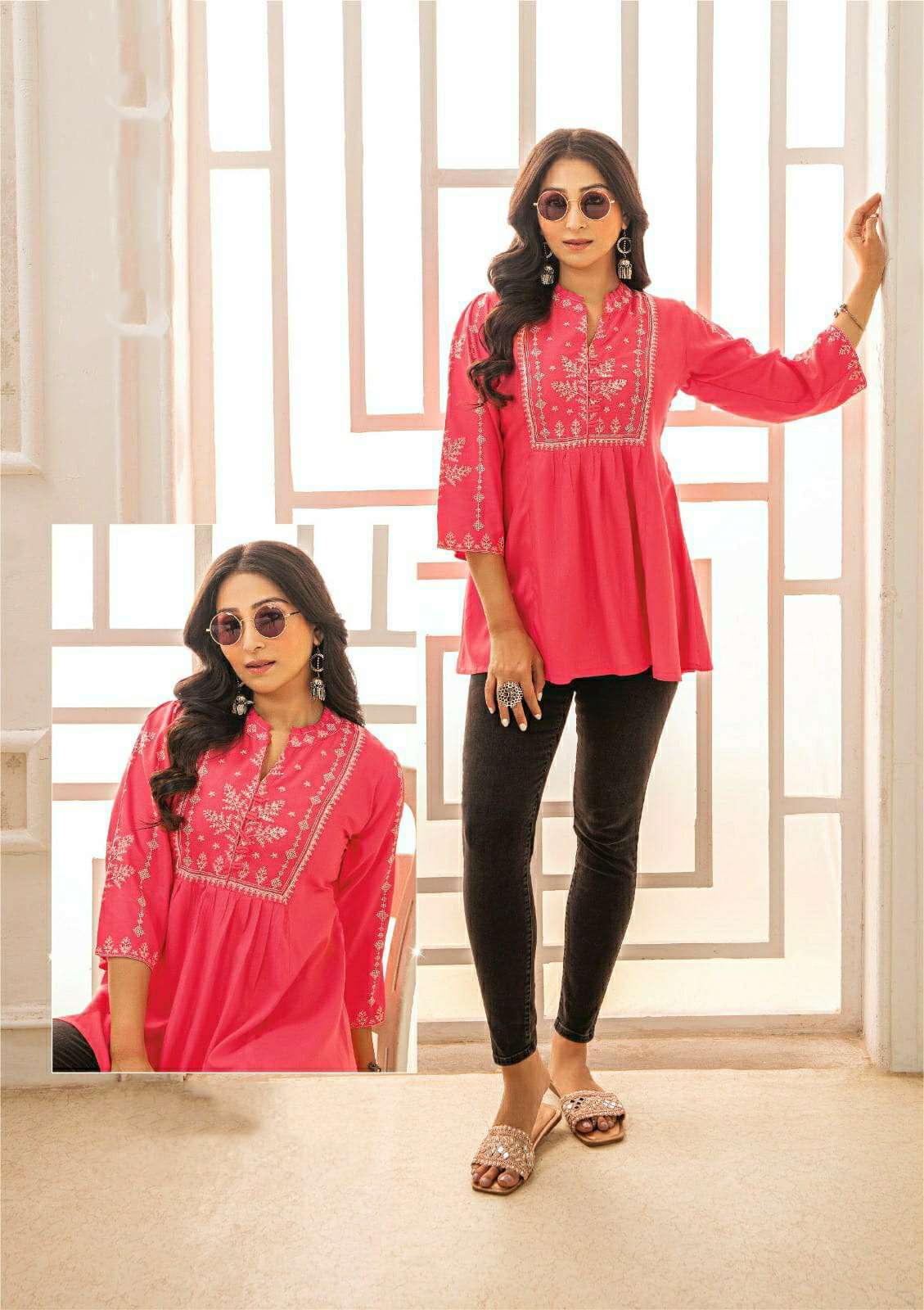 RED COLOUR RAYON FABRIC SHORT TUNICS WITH WHITE THREAD WORK 