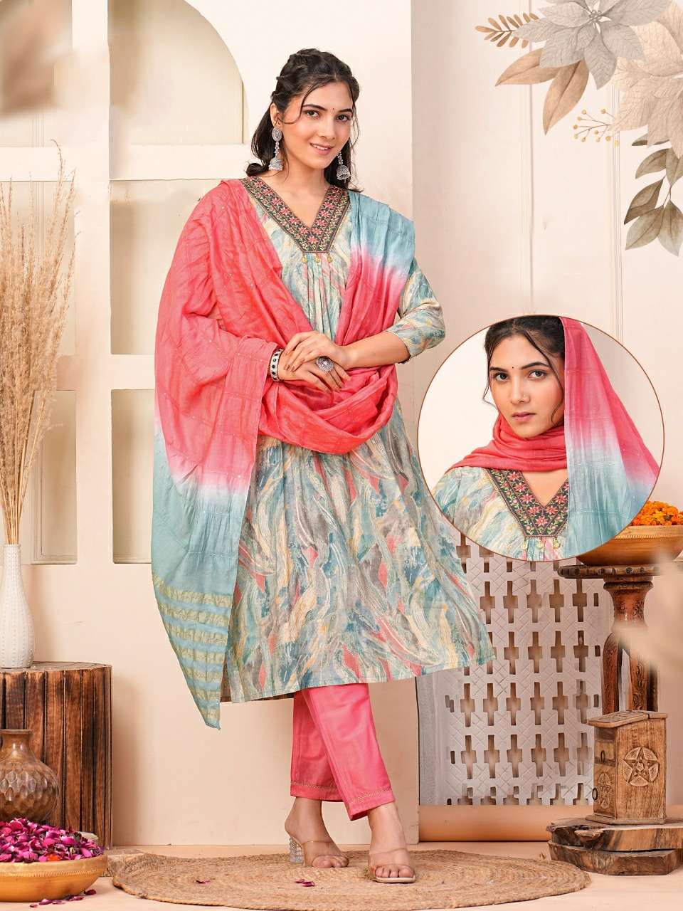 KK-06 QU COLOUR 3 PIECE NYRA CUT KURTI PANT DUPATTA 