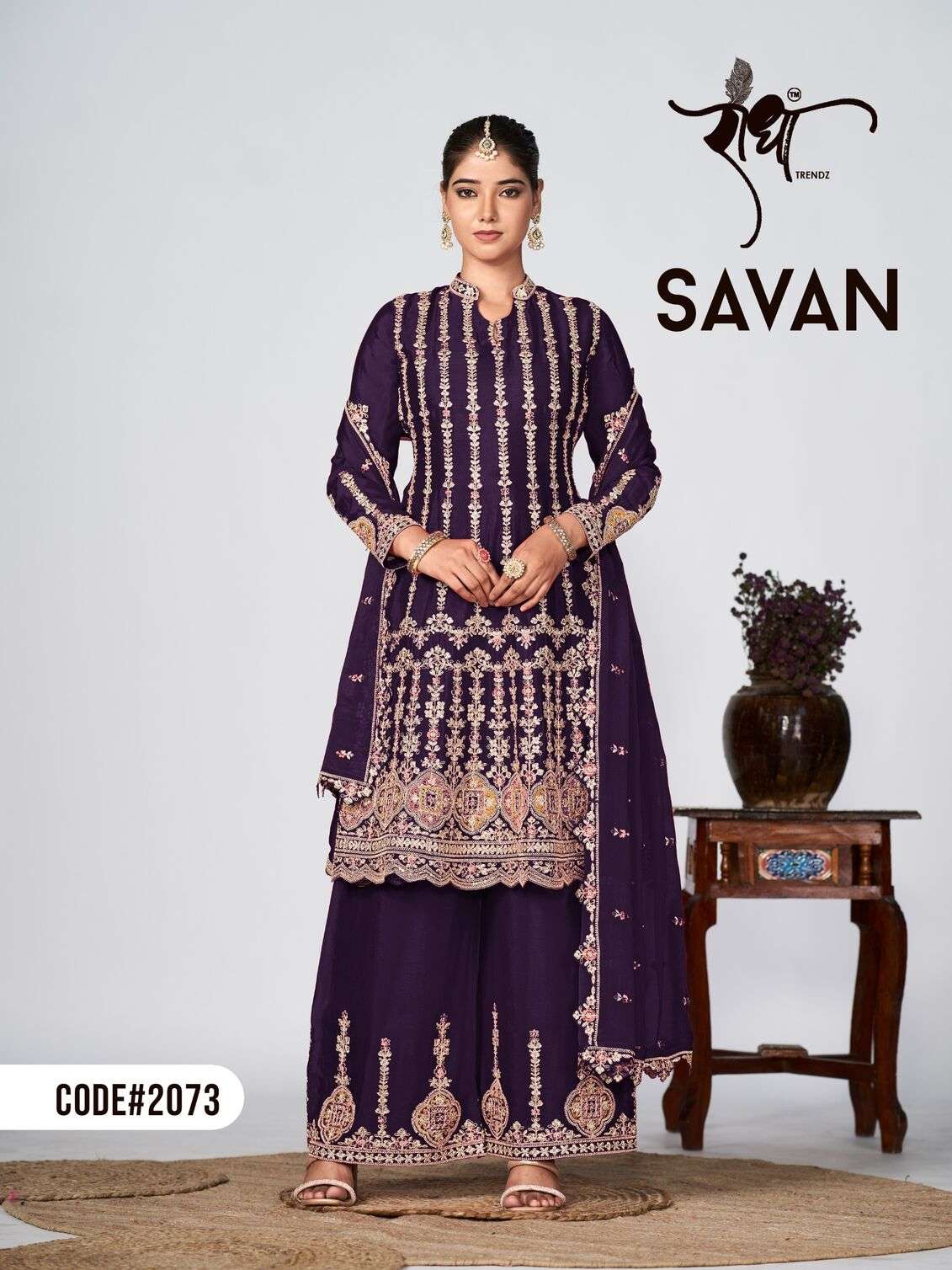 SAVAN EMBROIDERY KURTI PLAZO DUPATTA BY RADHA TRENDZ 