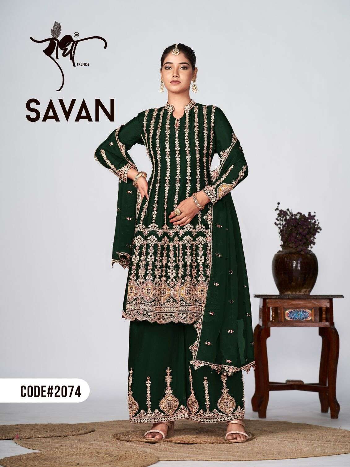 SAVAN EMBROIDERY KURTI PLAZO DUPATTA BY RADHA TRENDZ 