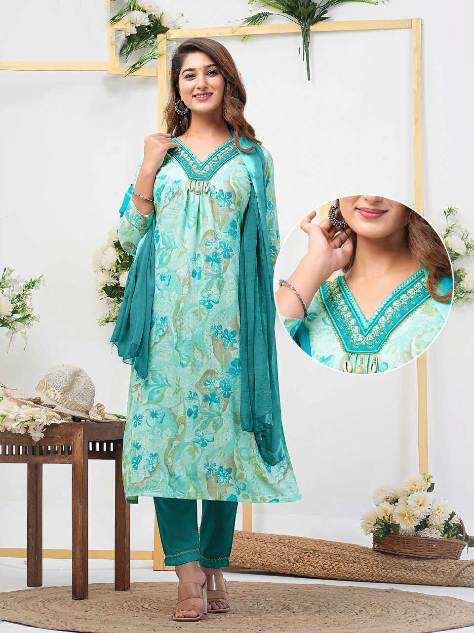 SEA BLUE COLOUR PRINTED RAYON STRAIGHT CUT KURTI PANT DUPATTA
