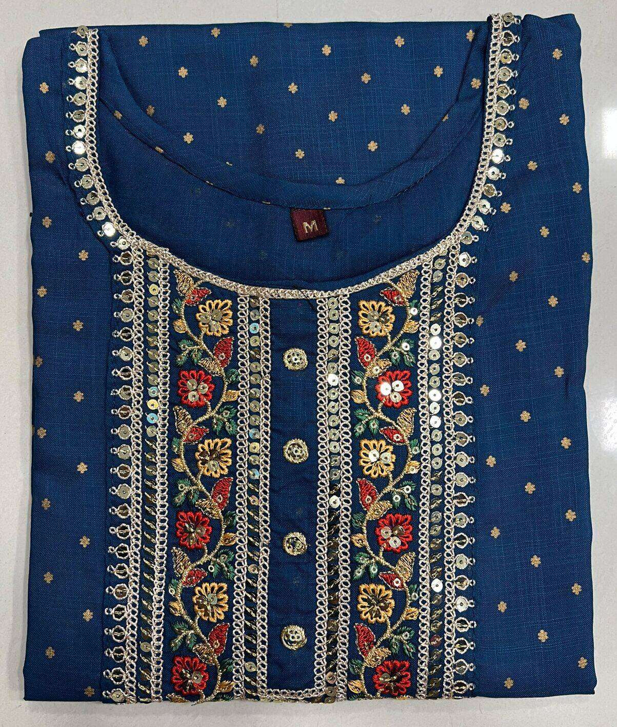 SEA BLUE COLOUR RAYON EMBROIDERY SEQUENCE KURTI 