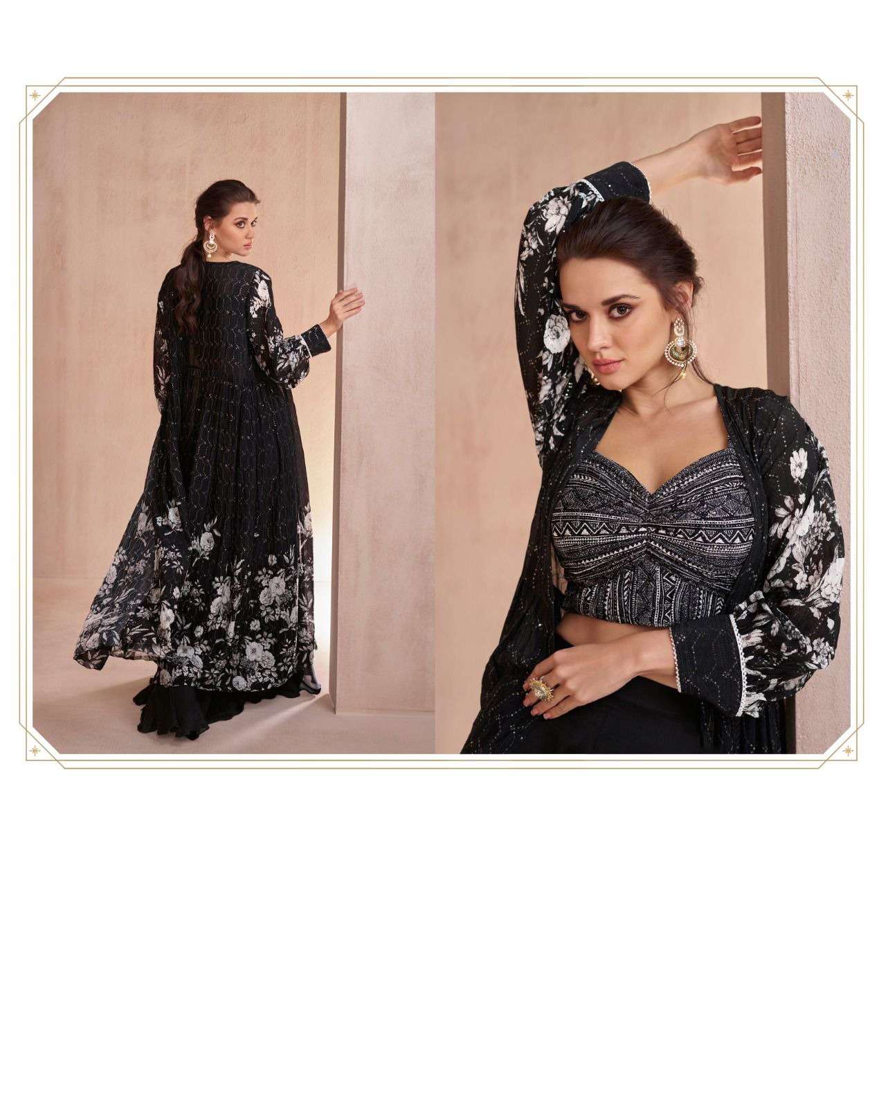 SY-5511 SI REAL GEORGETTE EMBROIDERY CROP TOP PLAZO WITH SHRUG