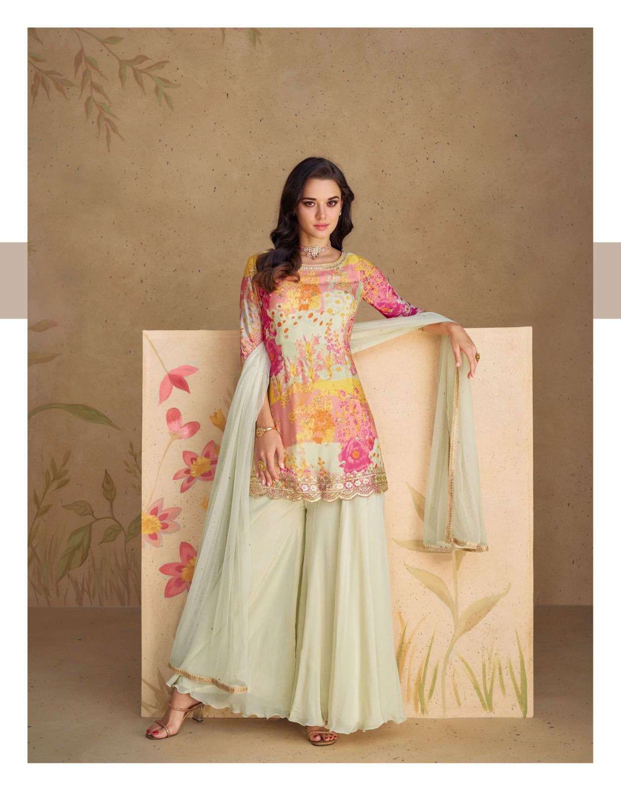 SY-5539 SG REAL CHINON SILK EMBROIDERY KURTI SHARARA & DUPATTA