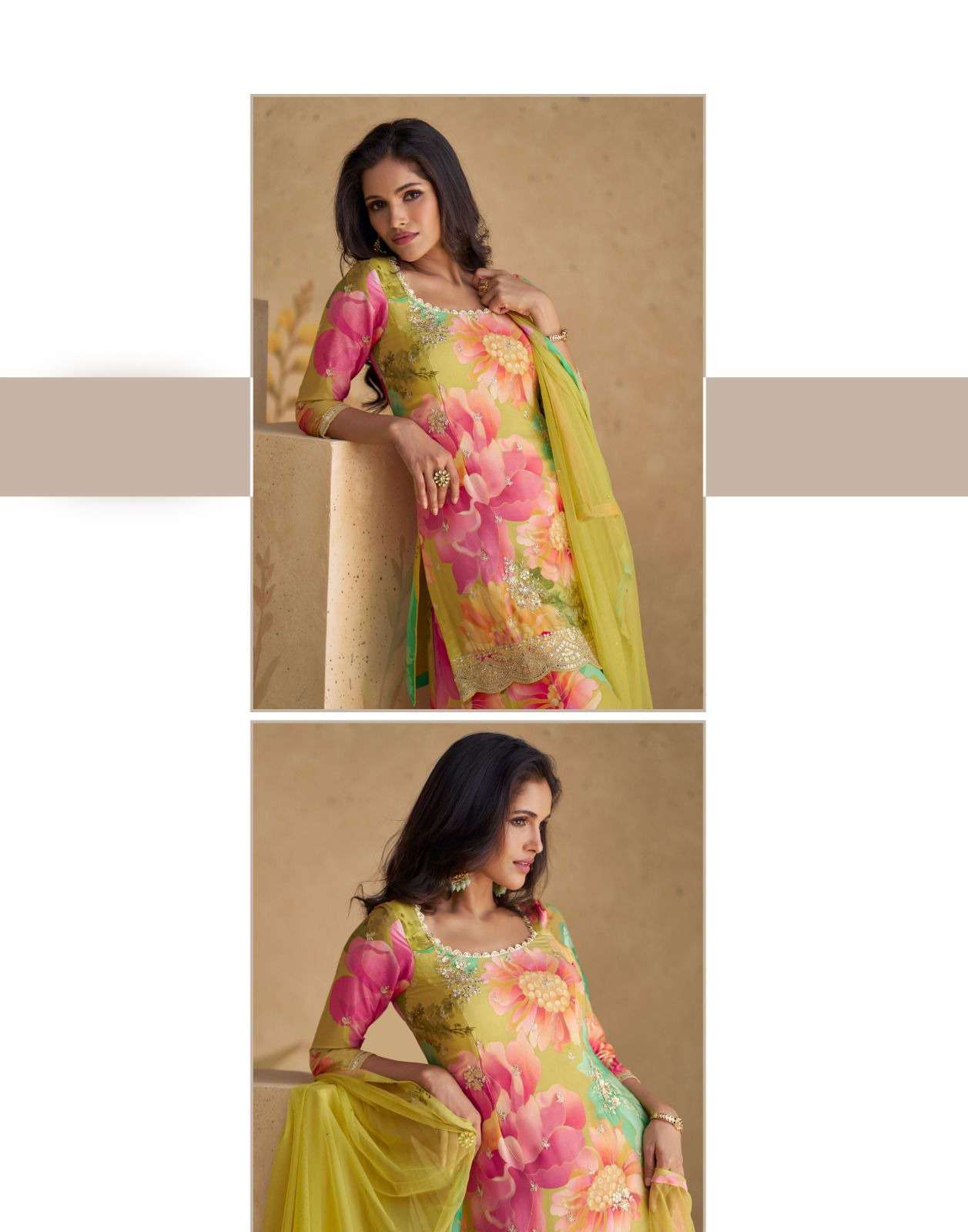 SY-5542 SG REAL CHINON SILK EMBROIDERY KURTI SHARARA & DUPATTA