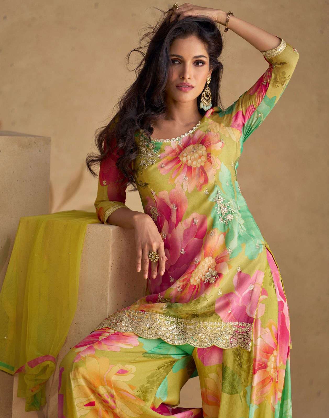 SY-5542 SG REAL CHINON SILK EMBROIDERY KURTI SHARARA & DUPATTA