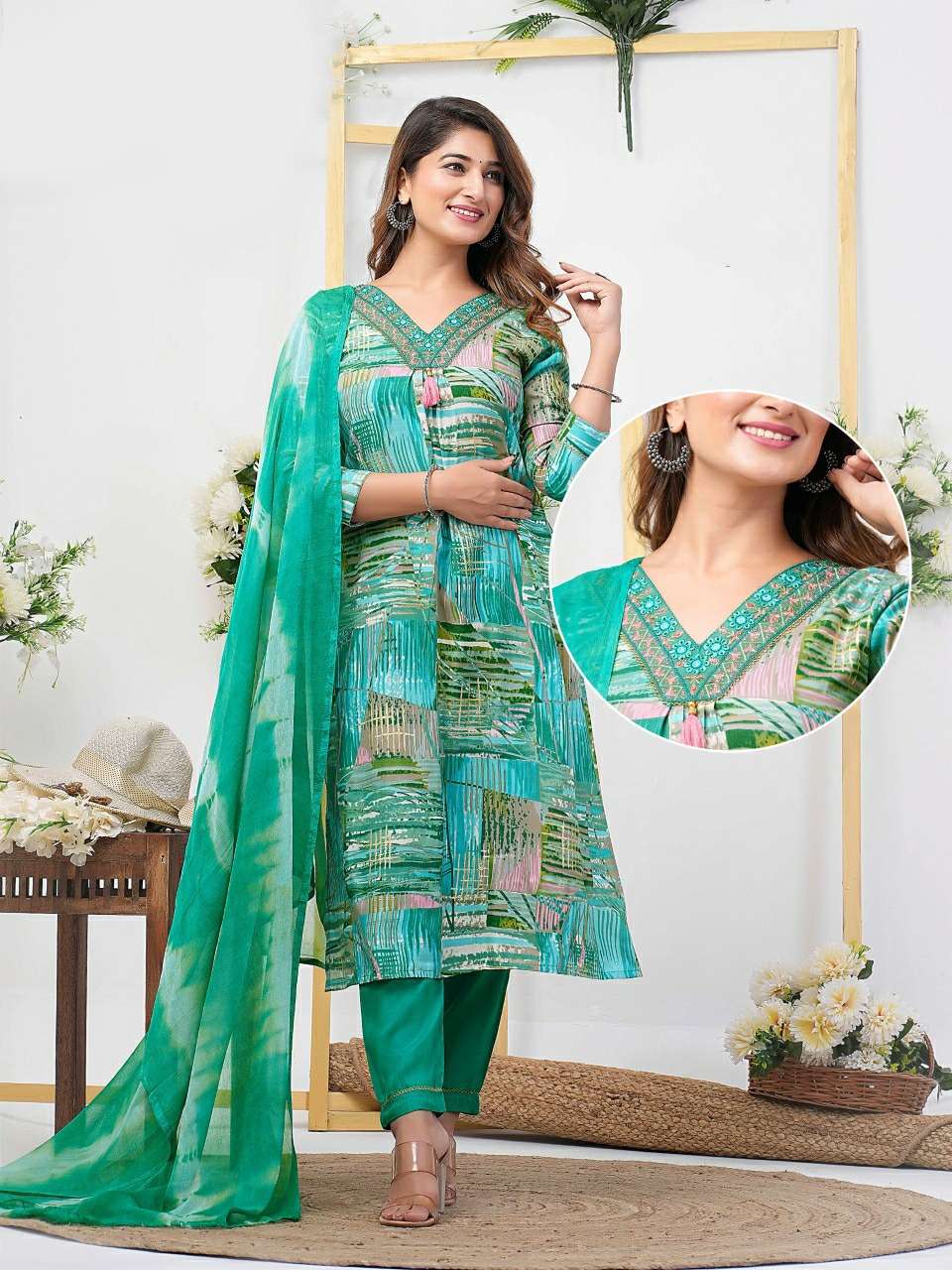 TEAL BLUE COLOUR PRINTED RAYON STRAIGHT CUT KURTI PANT DUPATTA