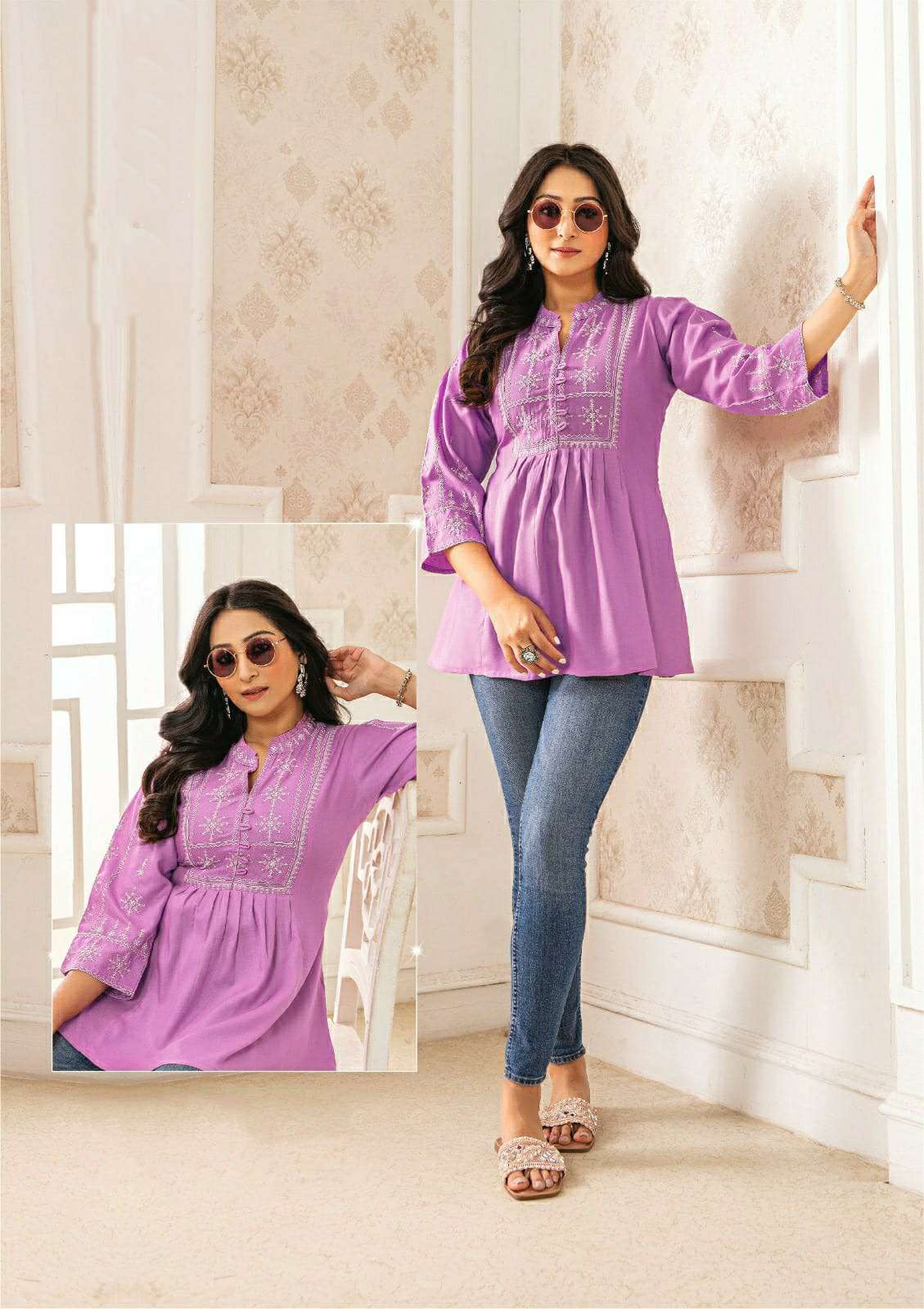 TULIP PINK COLOUR RAYON FABRIC SHORT TUNICS WITH WHITE THREAD WORK 