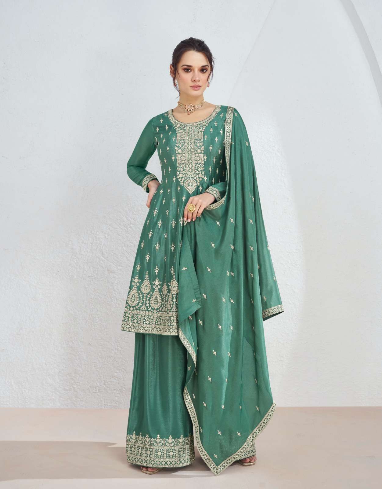 VOLNO BY AASHIRWAD CREATION PREMIUM CHINON SILK EMBROIDERY KURTI PLAZO WITH DUPATTA 