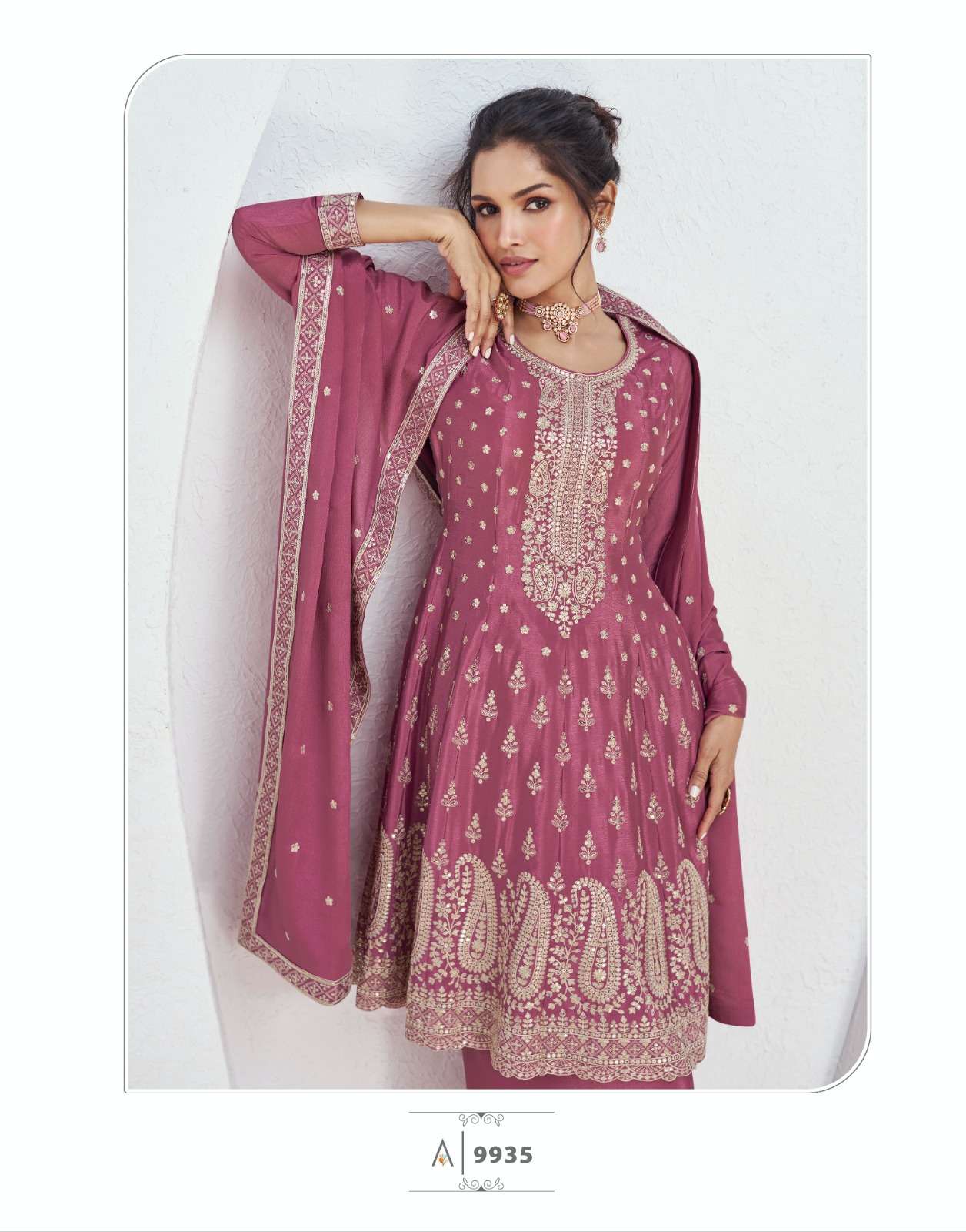 VOLNO BY AASHIRWAD CREATION PREMIUM CHINON SILK EMBROIDERY KURTI PLAZO WITH DUPATTA 