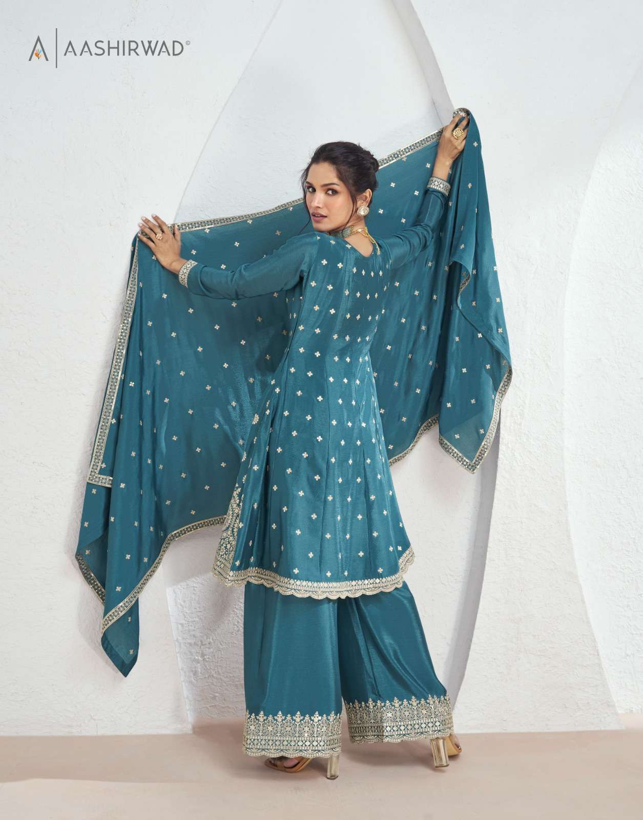 VOLNO BY AASHIRWAD CREATION PREMIUM CHINON SILK EMBROIDERY KURTI PLAZO WITH DUPATTA 